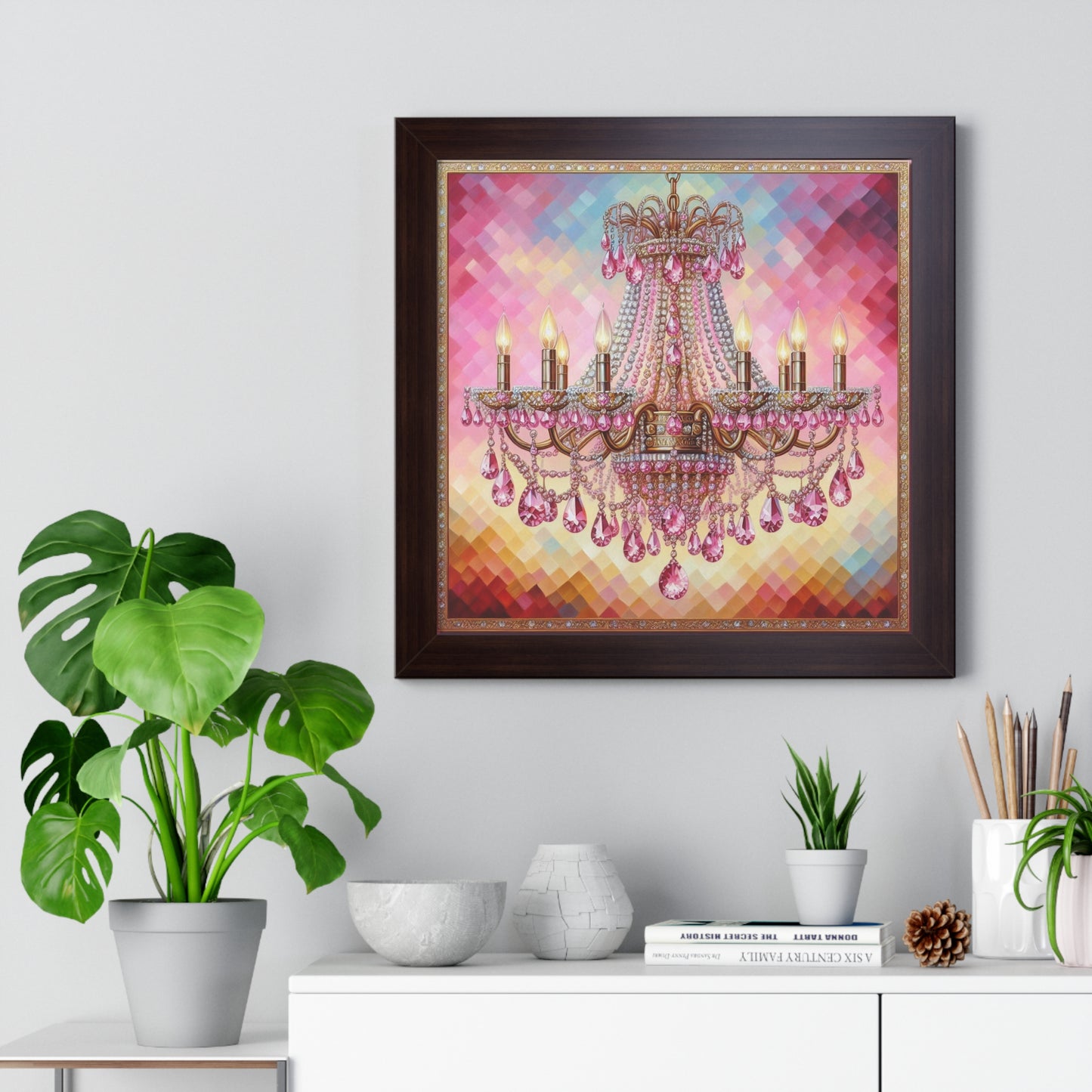 Elegant Chandelier Framed Poster, Glam Home Decor, Wall Art, Bridal Shower Gift, Living Room Decoration, Luxury Wall Art - Pink Jeweled Chandelier