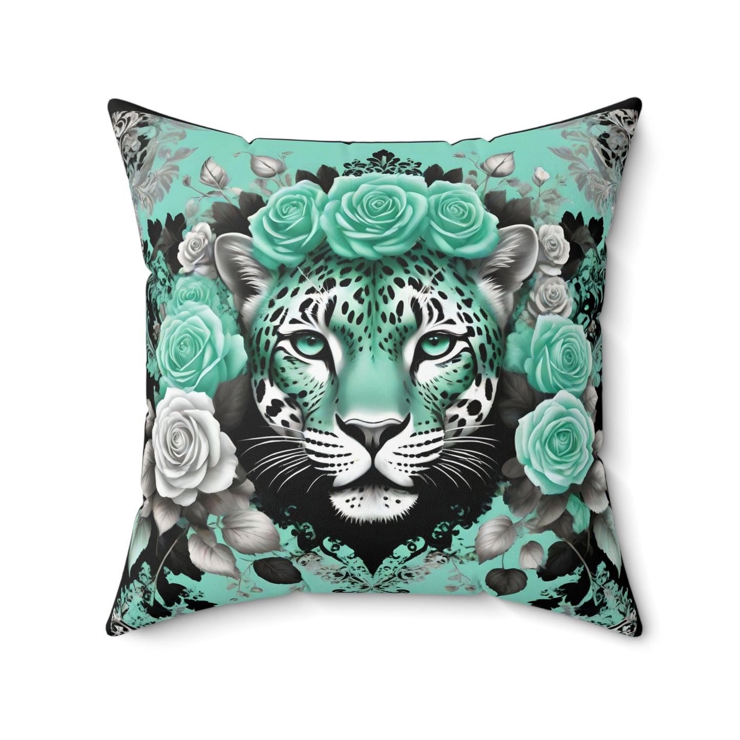 Floral Leopard Print Square Pillow – Chic Home Decor Accent - Mint Green Leopard