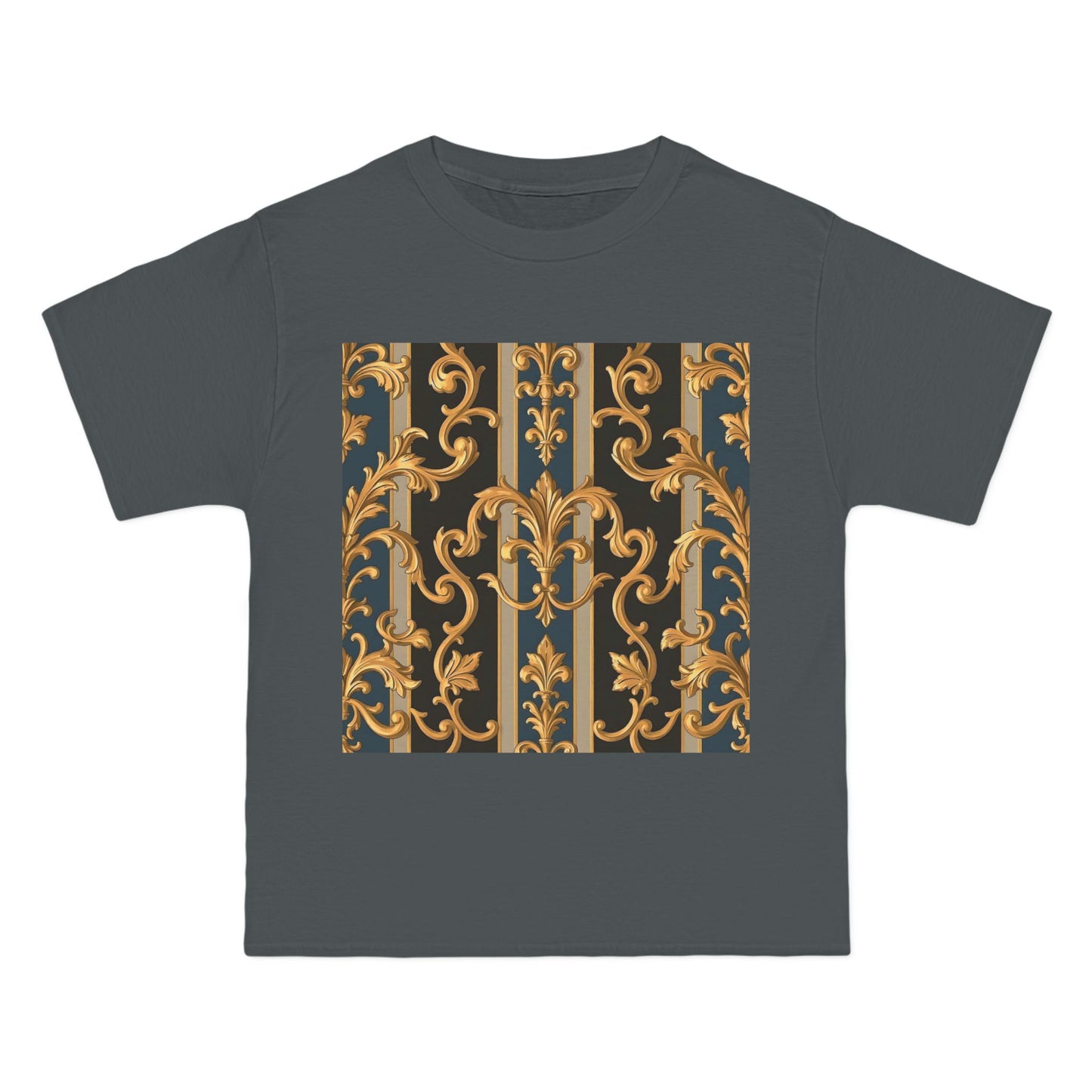 Ornate Gold Pattern Short-Sleeve T-Shirt, Stylish Casual Wear, Unique Graphic Tee - Blue & Black Striped Rococo