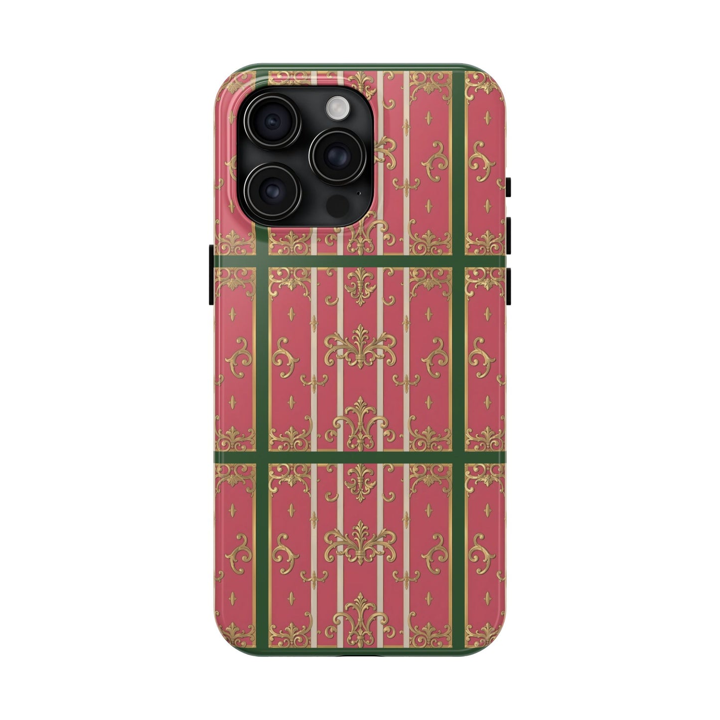 Elegant Green Border Pink Striped Baroque Phone Cases, Tough Phone Cases for Protection, Stylish Mobile Accessories, Gift for Her, Holiday Tech Gifts
