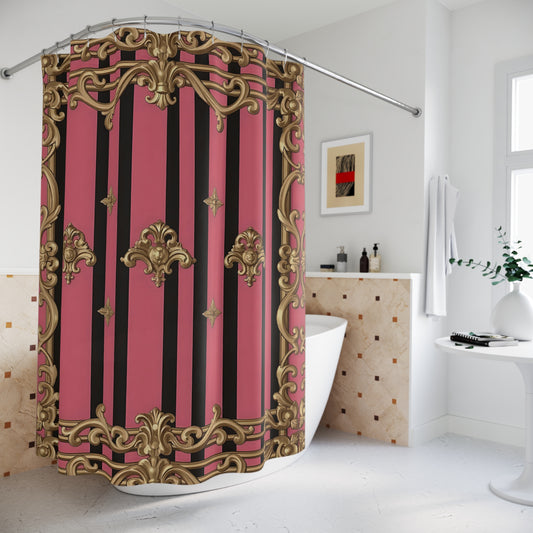 Elegant Baroque Shower Curtain, Luxurious Bathroom Decor, Vintage Style, Perfect for Gift - Pink Striped Gold Rococo