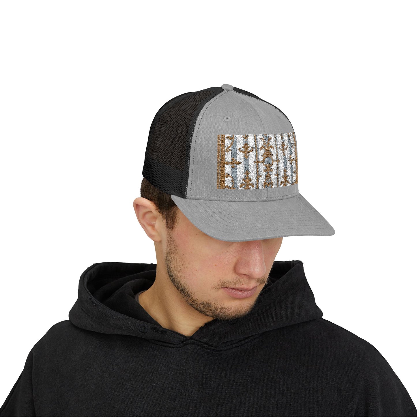 Stylish Snapback Trucker Cap with Nature-Inspired Design - Summer Festivals - Matte Gray & Cream Striped Gold Baroque