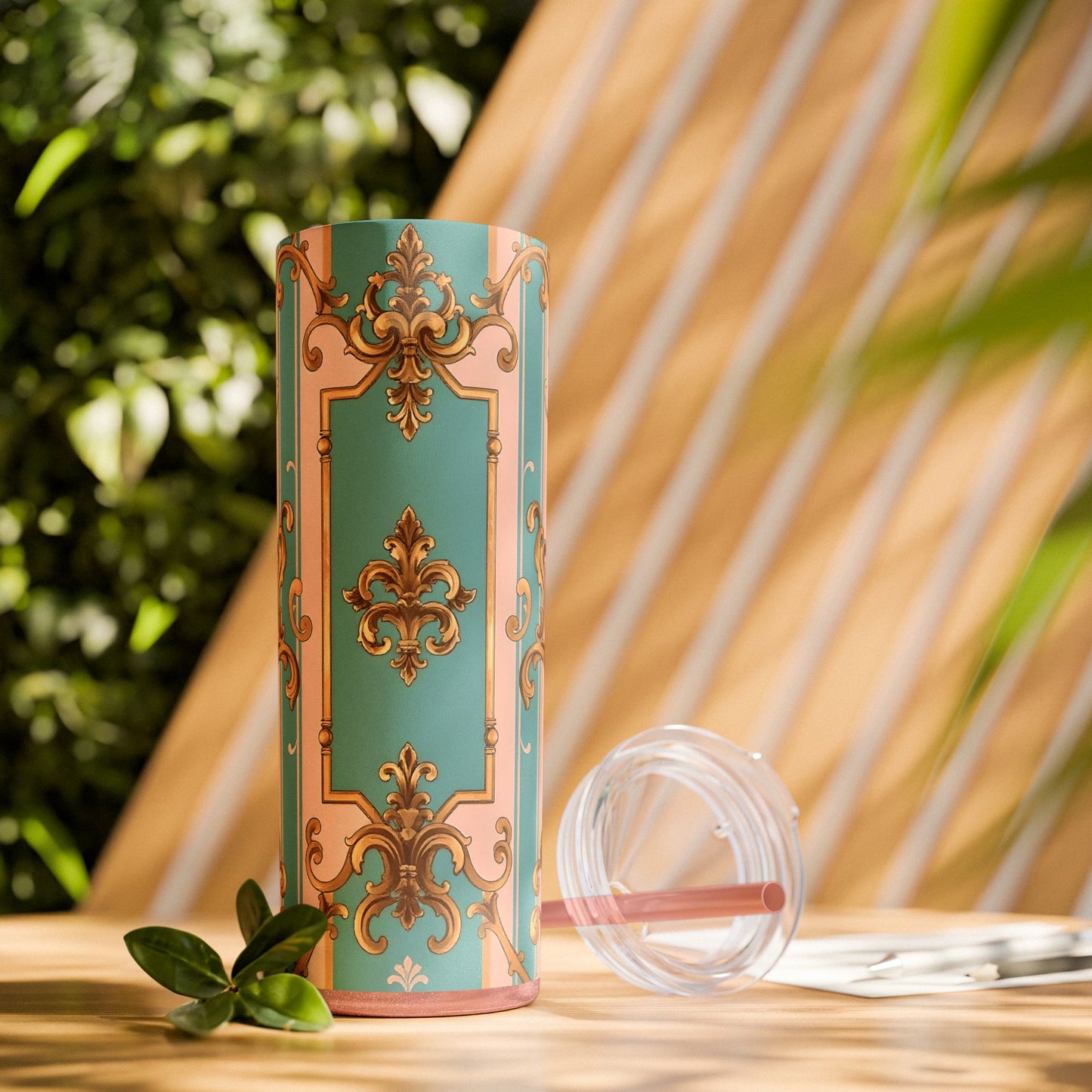 Elegant Floral Skinny Tumbler, 20oz Travel Mug, Stylish Drinkware, Perfect Gift for Her, Vintage Inspired - Pink & Matte Turquoise Striped Rococo