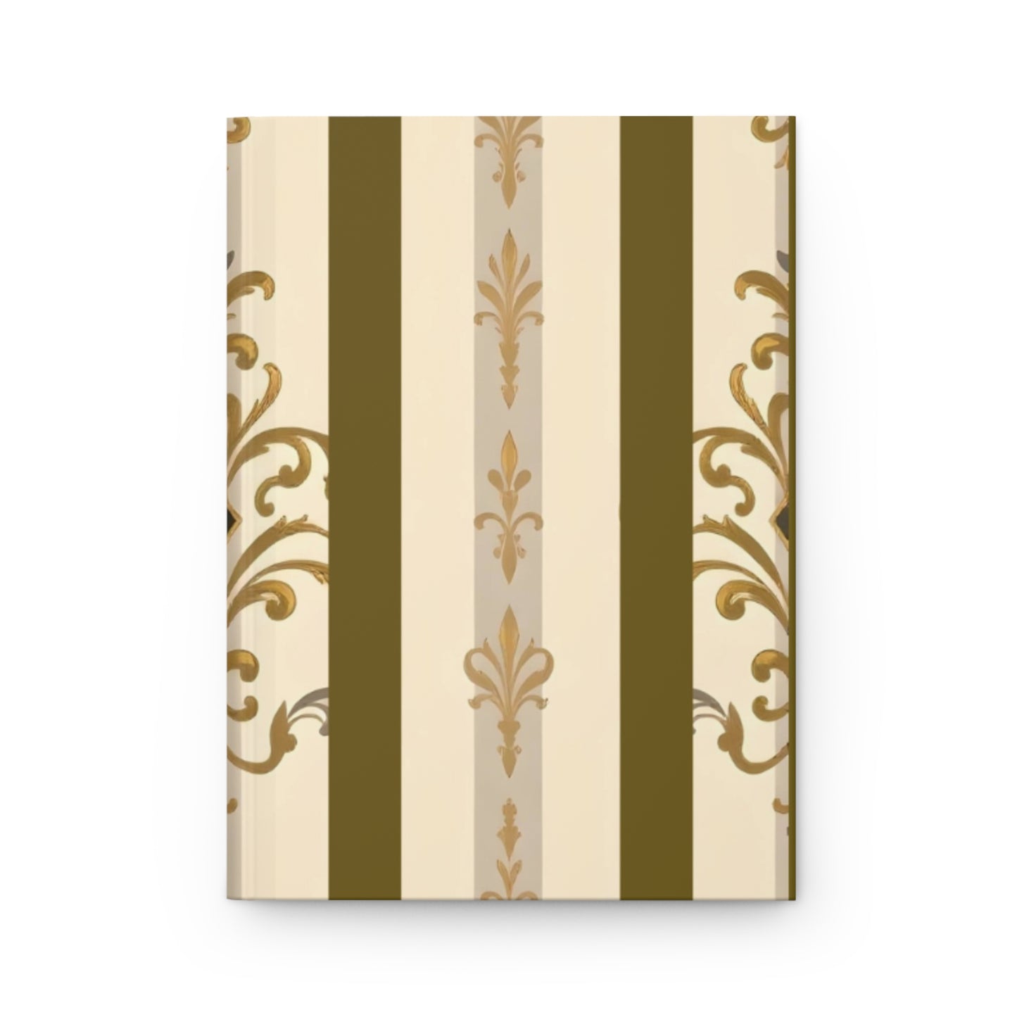 Elegant Floral Motif Hardcover Journal - Stylish Writing Notebook - Olive Striped Gold Damask