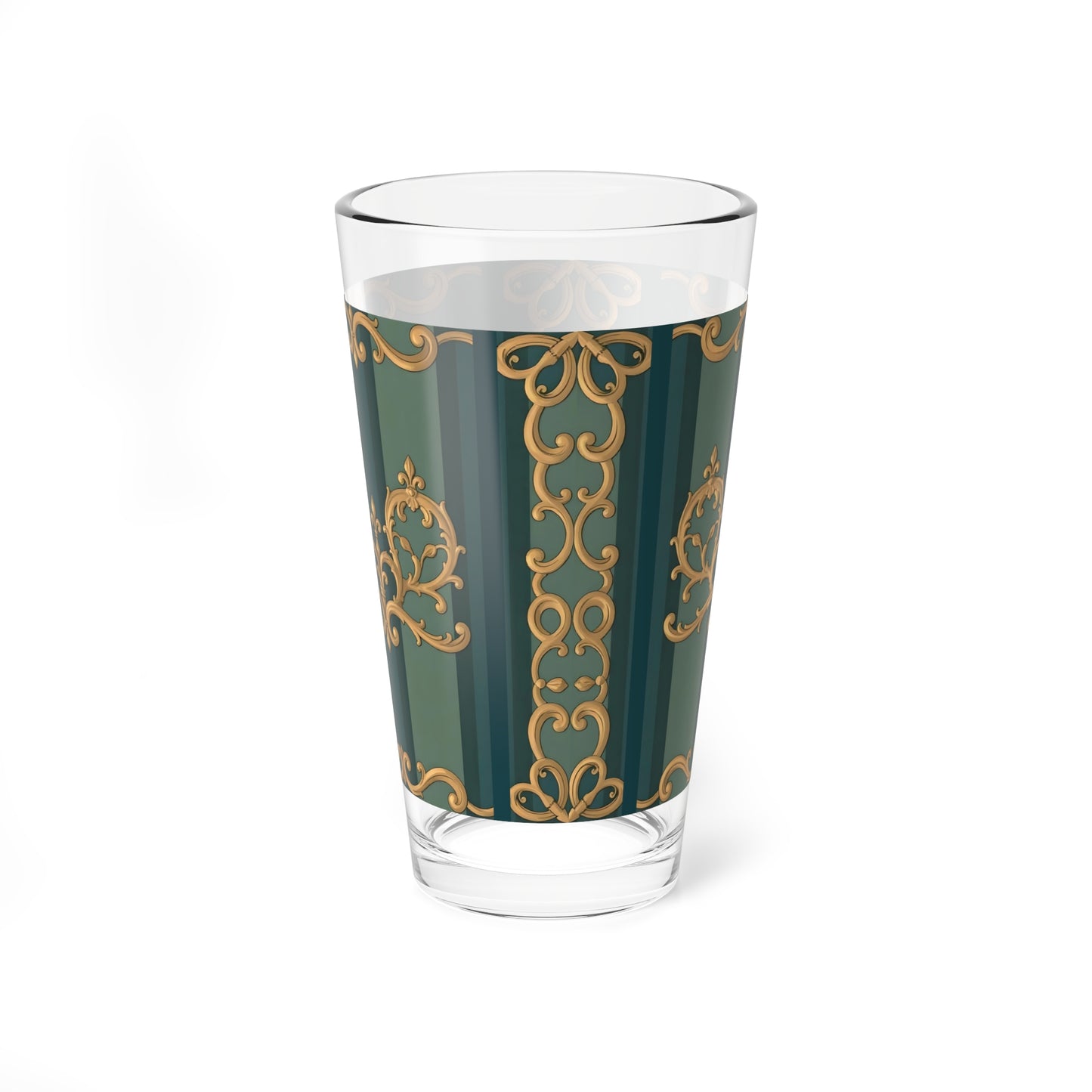 Elegant Mixing Glass, 16oz | Decorative Drinkware, Gold-Inspired Design, Barware, Gift for Home Bar - Smoky Blue & Teal Striped Baroque