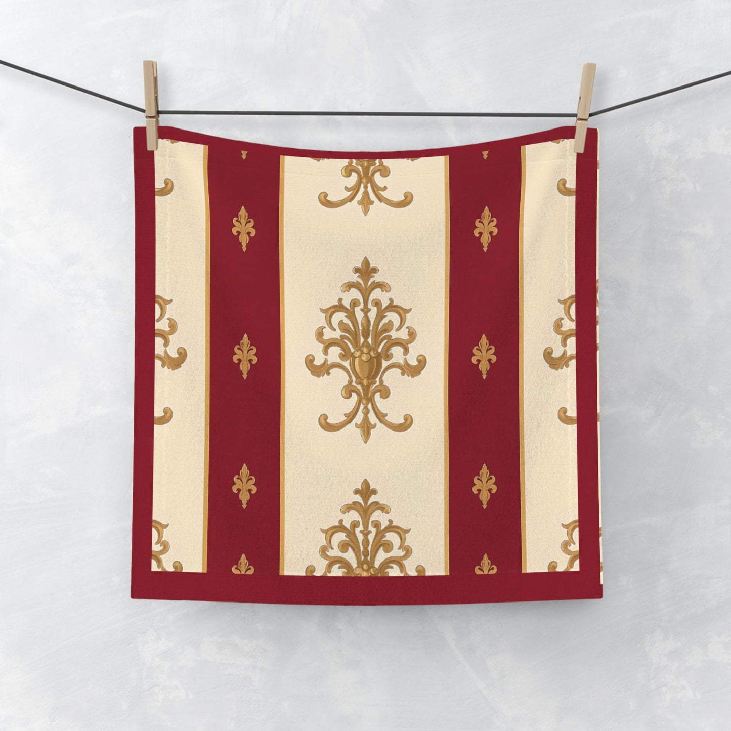Elegant Vintage Face Towel – Luxurious Gold Pattern for Home & Spa - Dusk Red Striped Gold Damask