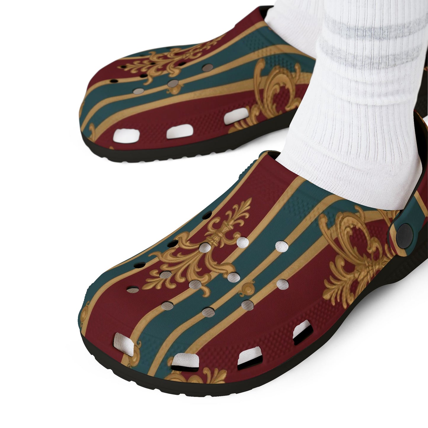 Stylish EVA Foam Slippers, Comfortable Home Footwear, Boho Slide-On Clogs for Relaxation, Gift for Her - Burgundy Striped Gold Baroque