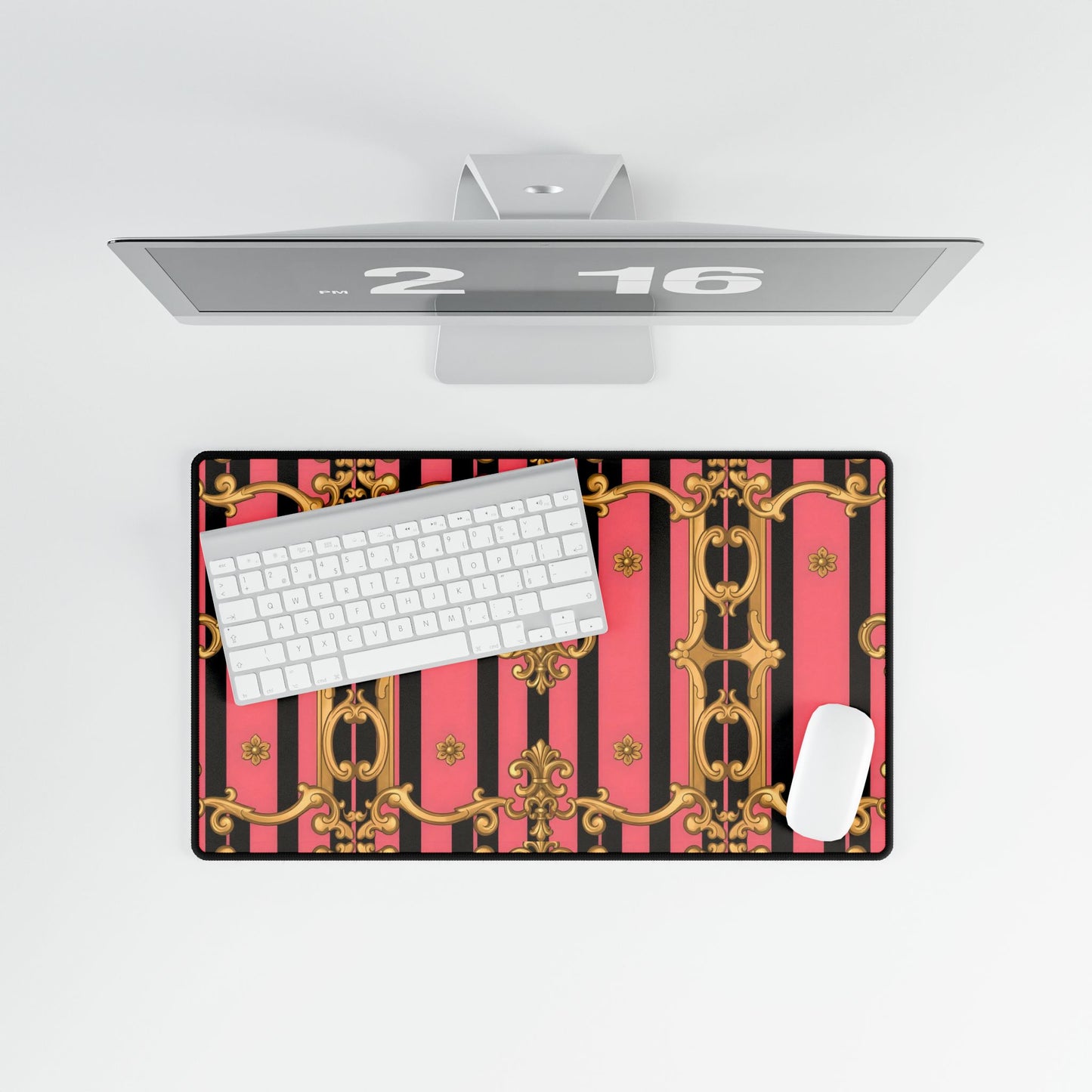Elegant Pink & Black Desk Mat for Home Office, Stylish Ergonomic Mat, Desk Accessories - Pink & Black Striped Gold Baroque