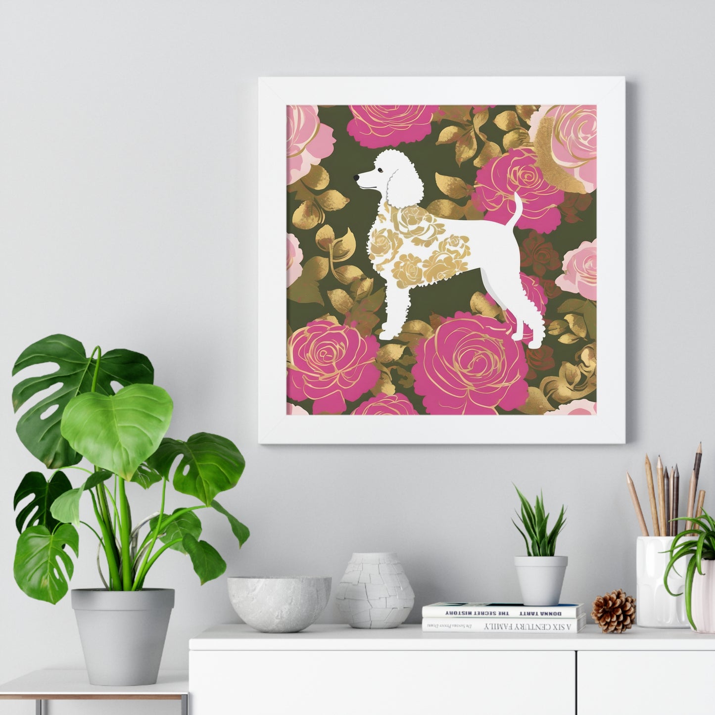 Vertical Poster - Stylish Framed - Art for Home Decor - Damask White Poodle & Pink Roses