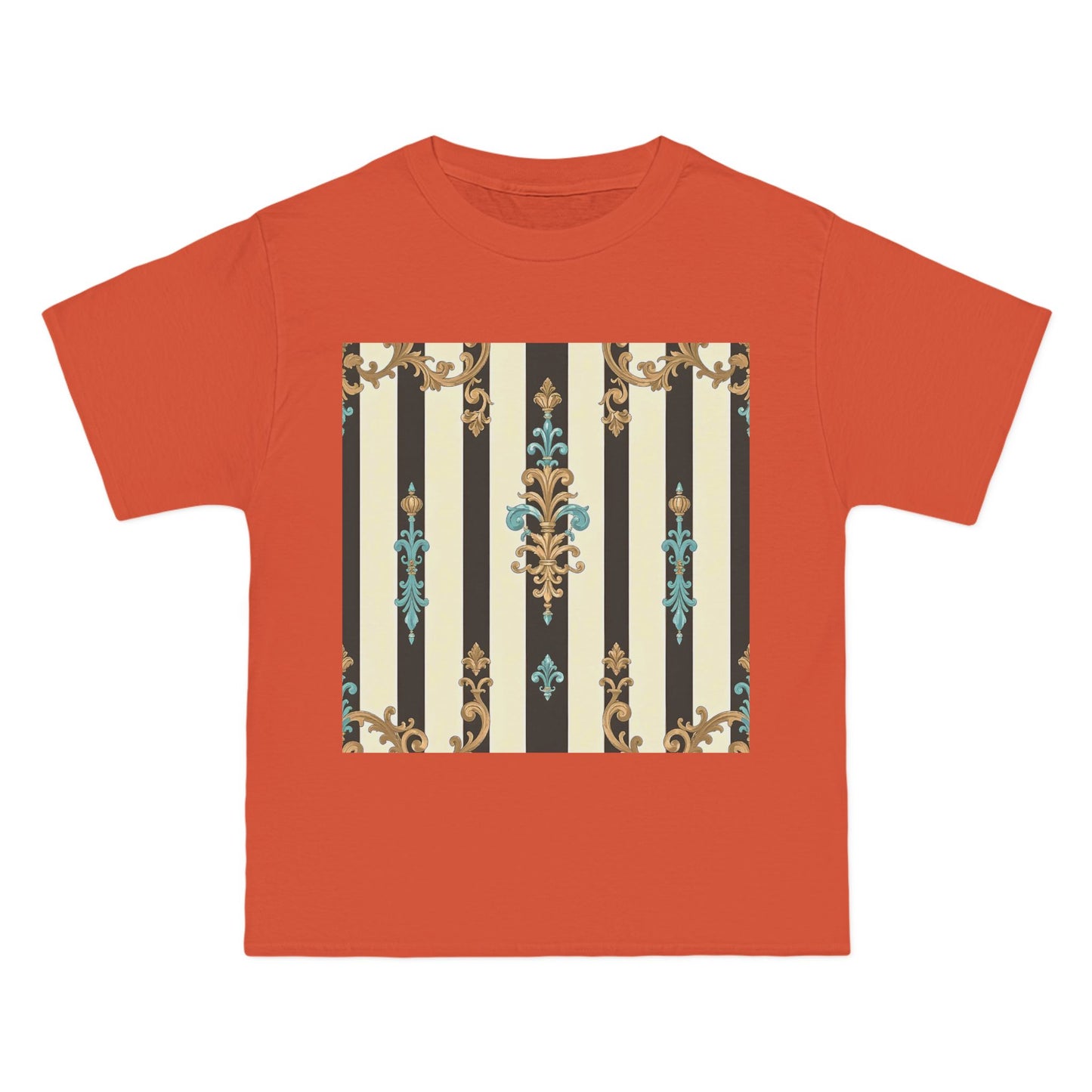 Elegant Floral Pattern Tee, Vintage Style T-Shirt, Gift for Her, Casual Outfit - Black Striped Turquoise & Black Rococo