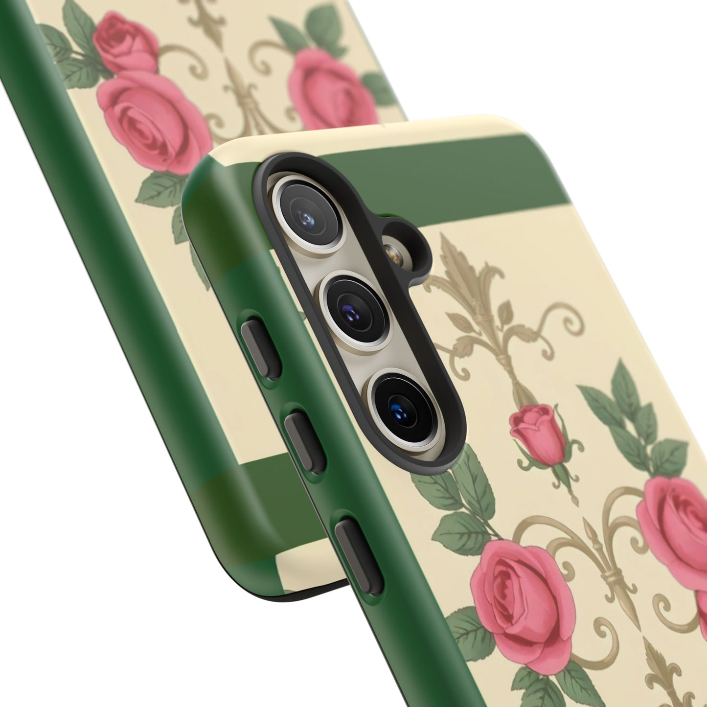 Elegant Floral Motif Phone Case - Tough Cases with Vintage Design - Green Border Roses & Damask