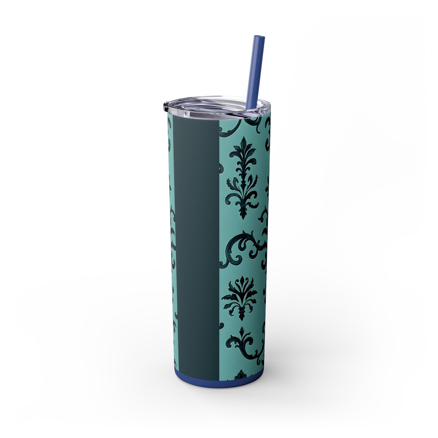 Elegant Floral Skinny Tumbler with Straw, 20oz, Personalized Drinkware, Stylish Travel Mug, Great Gift for Her - Teal Striped Rococo