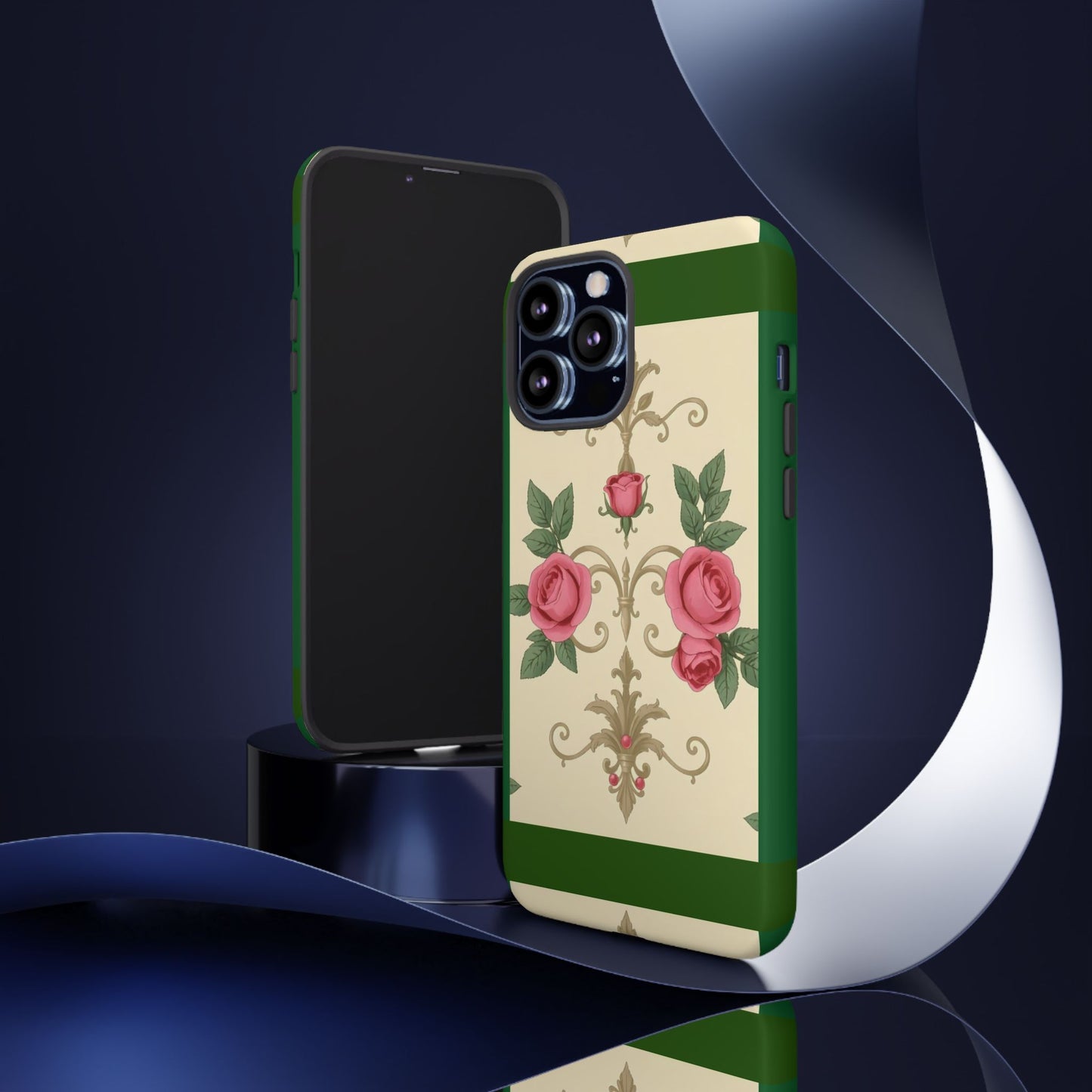 Elegant Floral Motif Phone Case - Tough Cases with Vintage Design - Green Border Roses & Damask