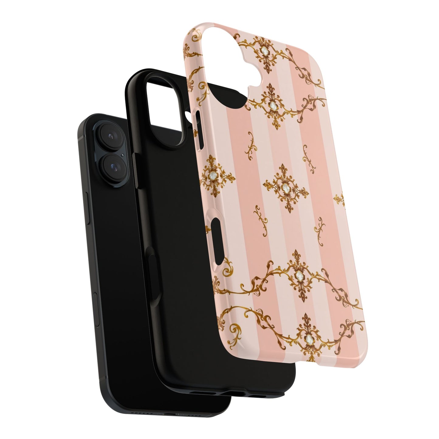 Elegant Floral Phone Case, Tough Cases for Women, Trendy Phone Cover, Chic Gift - Pink Jeweled Striped Gold Baroque