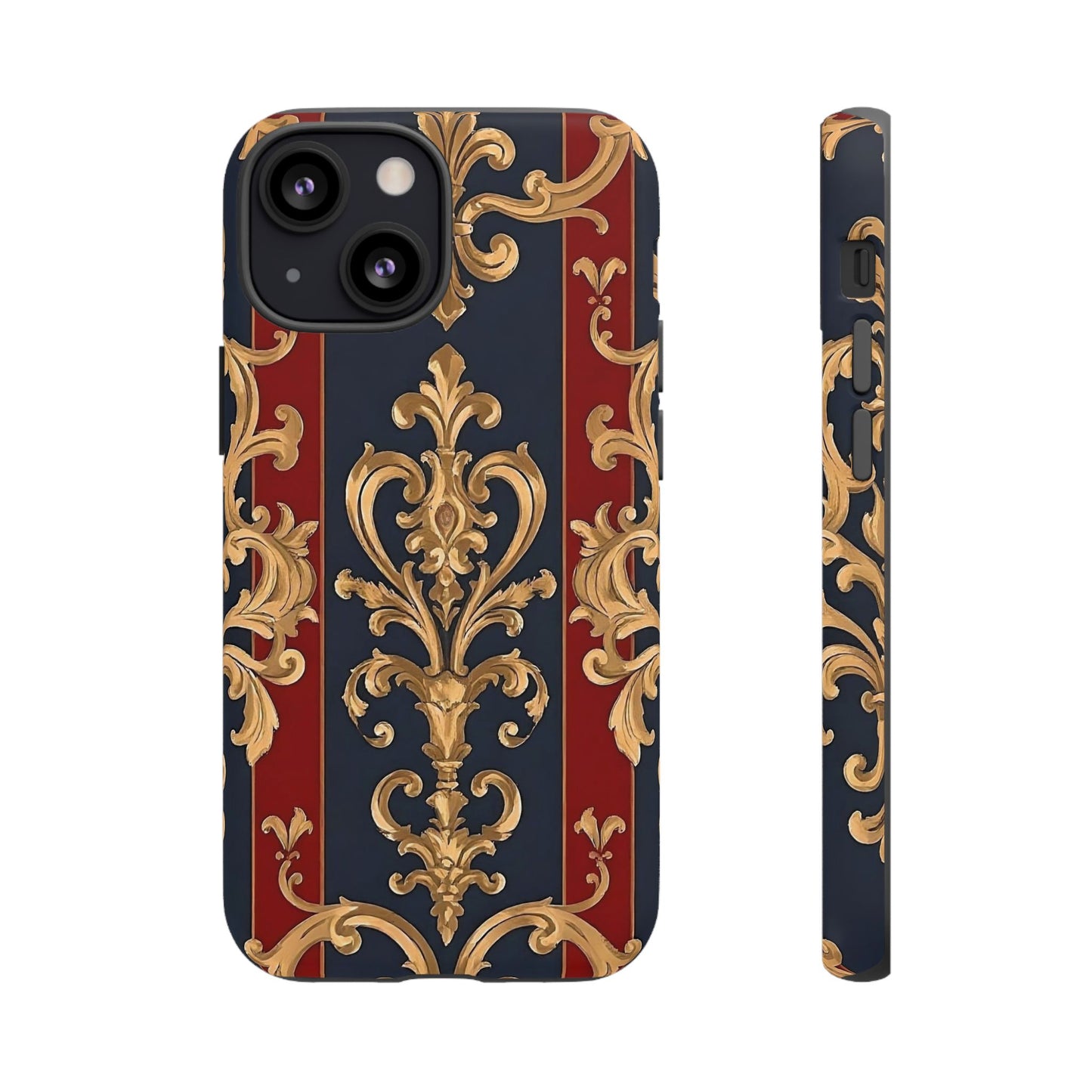 Elegant Floral Motif Phone Case - Tough Cases with Vintage Design - Midnight Blue & Dusk Red Striped Gold Damask