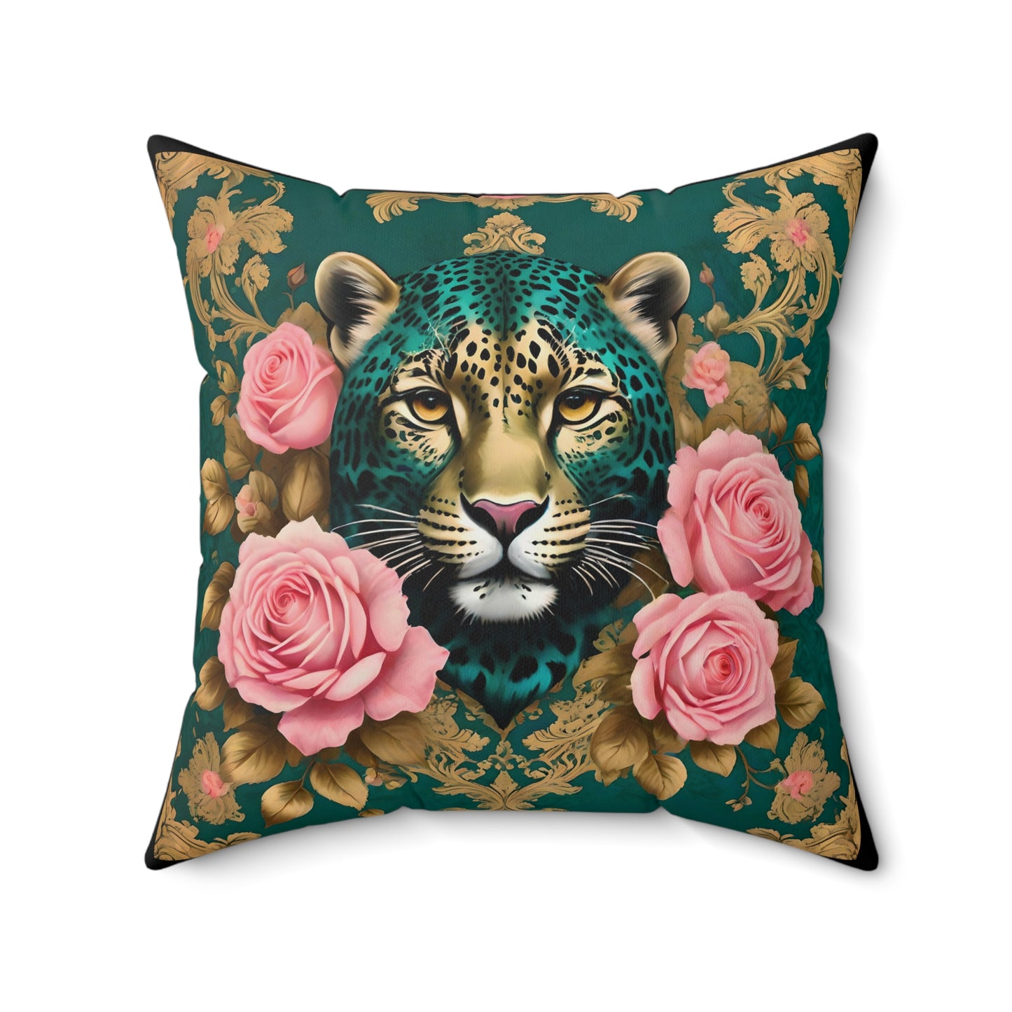 Elegant Luxe Faux Suede Pillow with Leopard and Roses Design - Teal Leopard