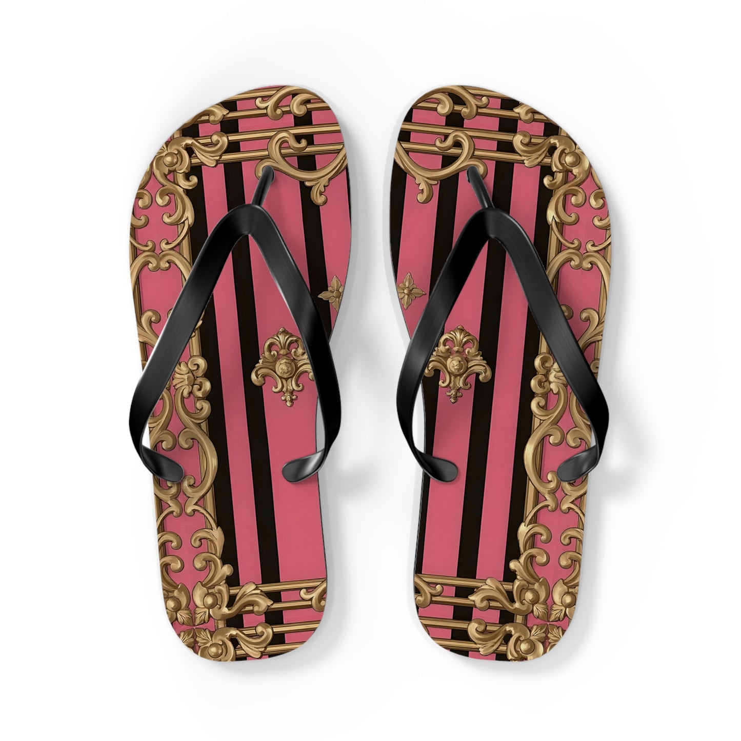 Chic Flip Flops, Stylish Summer Sandals, Beachwear, Poolside Accessories, Vacation Footwear, Trendy Casual Shoes - Pink Striped Gold Rococo