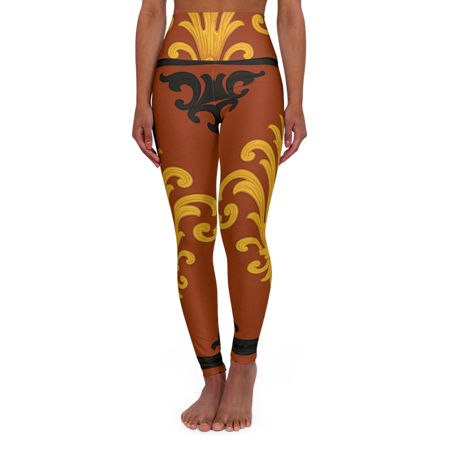 Dusk Terracotta Baroque Scroll High-Waist Yoga Leggings — Ornate Gold & Terracotta AOP Activewear