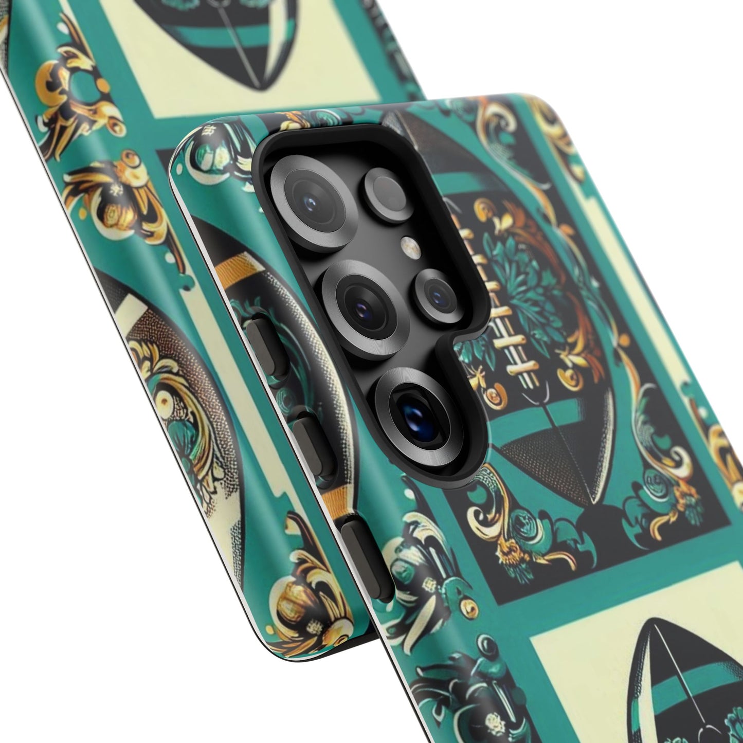 Elegant Floral Motif Phone Case - Tough Cases with Vintage Design -  Damask Teal, Gold & Black Footballs