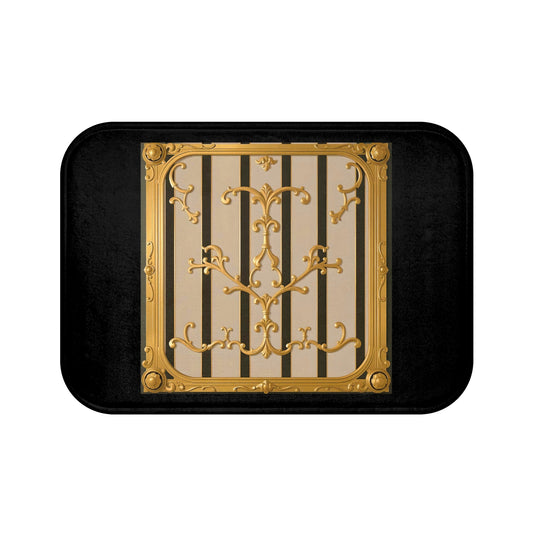 Vintage Elegant Bath Mat with Ornate Design, Luxurious Bathroom Decor, Housewarming Gift - Beige Striped Gold Rococo