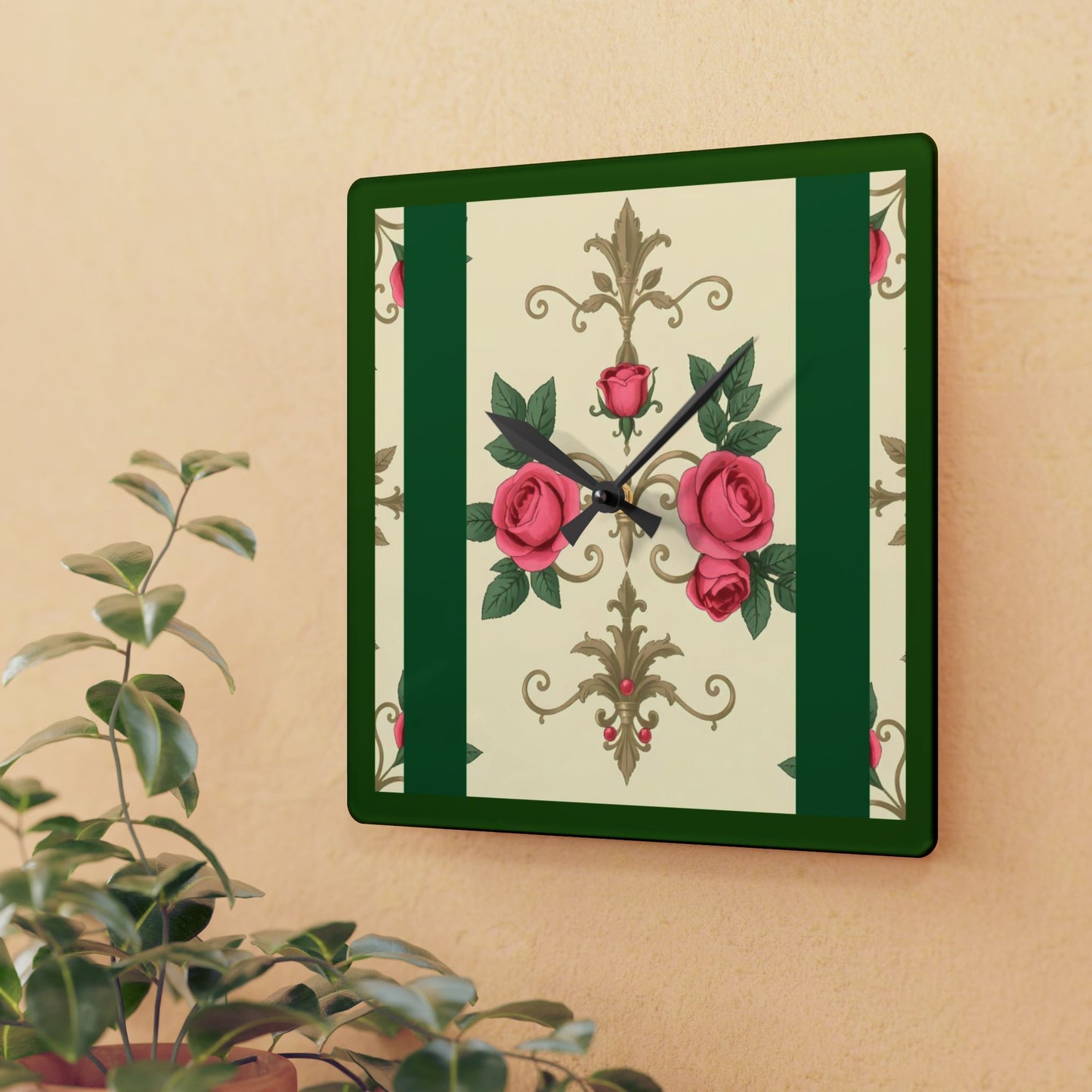 Bohemian Damask-Inspired Acrylic Wall Clock with Floral Design - Green Border Roses & Damask