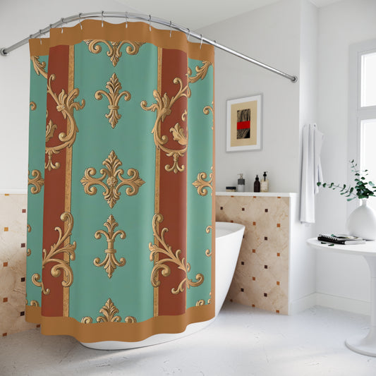 Elegant Vintage Shower Curtain - Luxurious Floral Design for Bathroom Decor - Rust & Mint Aqua Striped Baroque