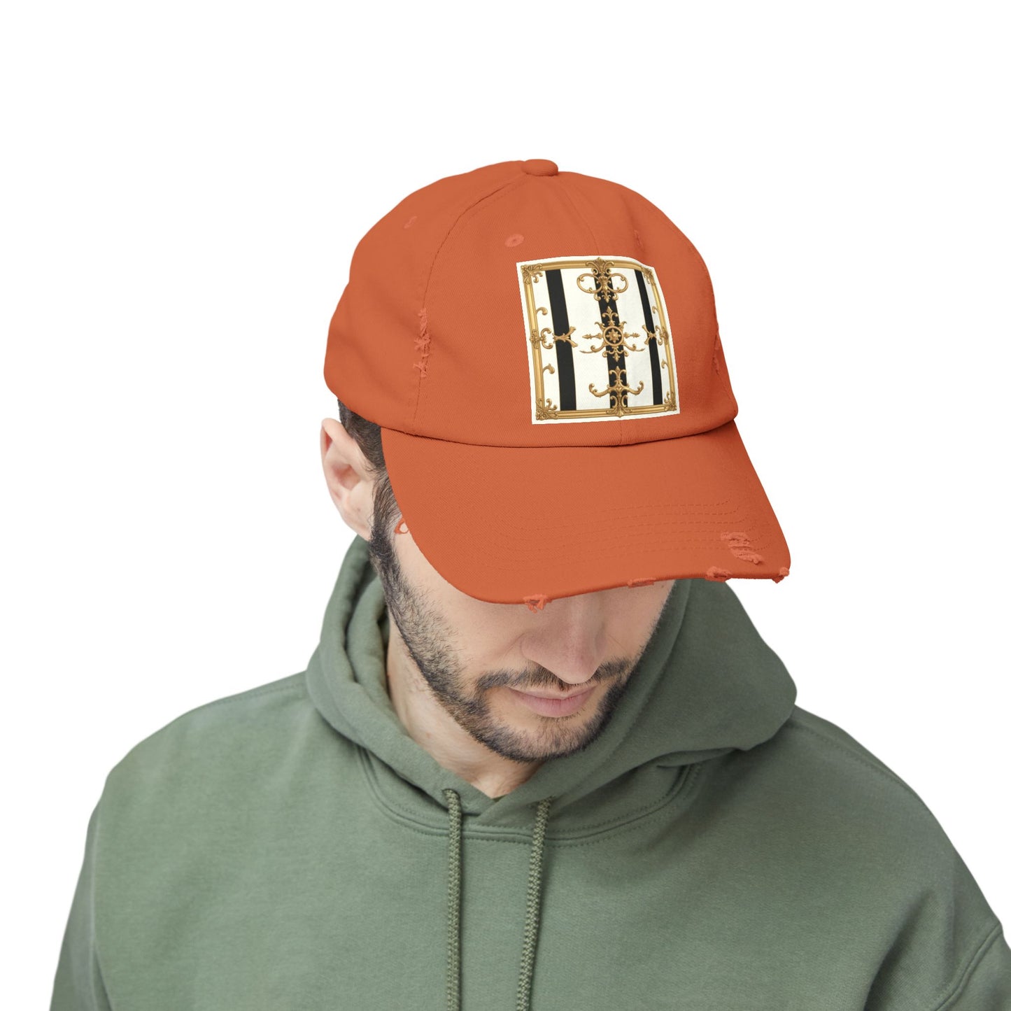 Stylish Distressed Cap with Unique Gold Design, Trendy Hat, Casual Wear, Gift for Him/Her - Black & White Striped Gold Baroque