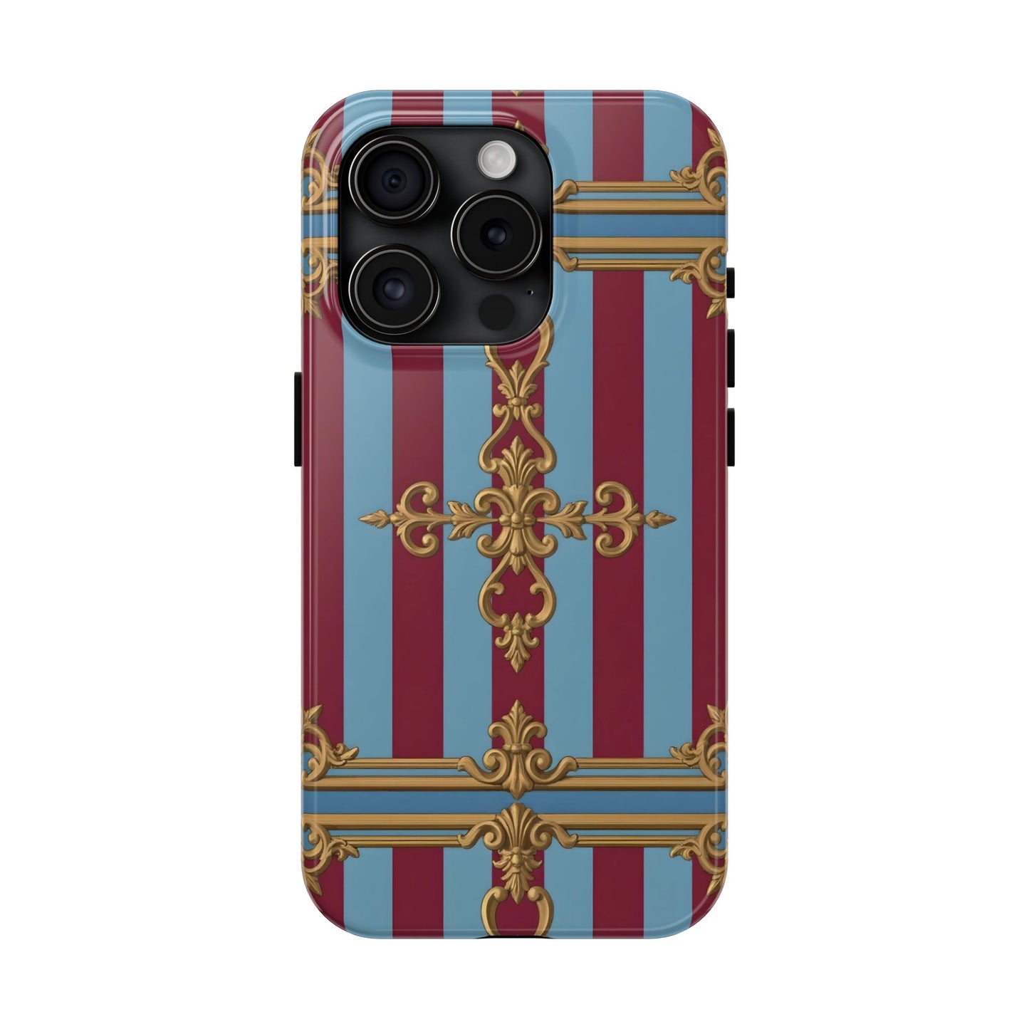 Elegant Patterned Tough Phone Cases, Stylish Phone Cover, Durable Phone Protection, Unique Gift Idea - Sky Blue & Maroon Striped Baroque