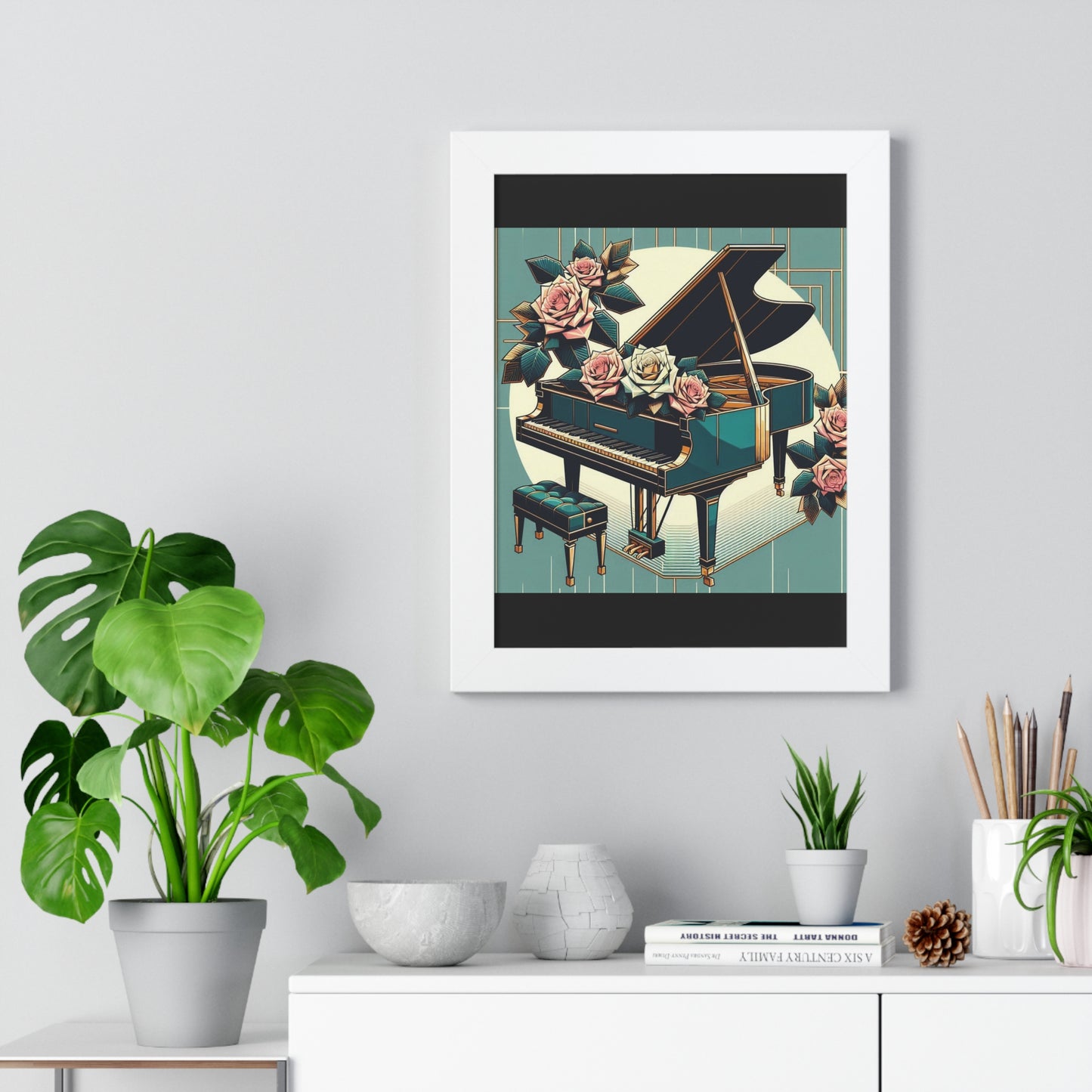 Vertical Poster - Teal Grand Piano & Roses Wall Art