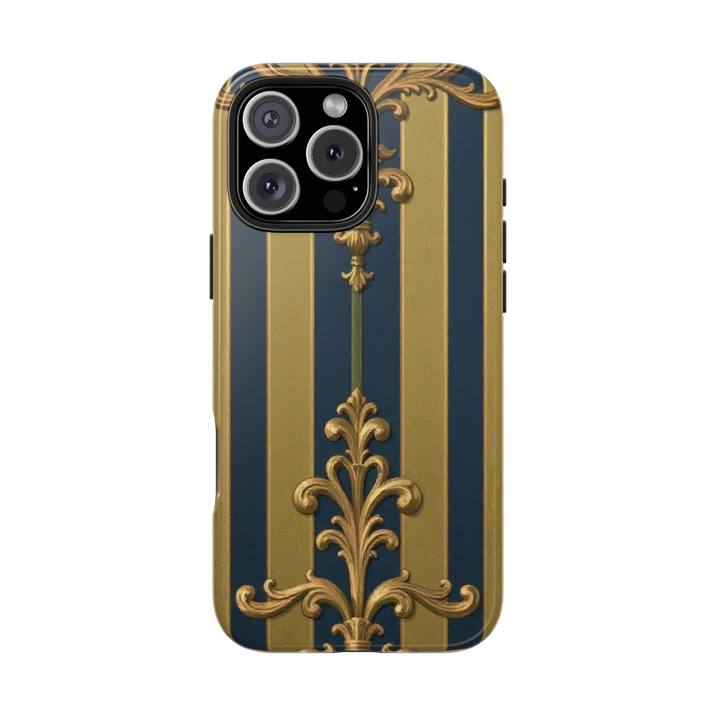 Elegant Midnight Blue & Olive Striped Gold Baroque Tough Phone Case, Phone Cover, Durable Case for Protection, Stylish Gift for Him/Her