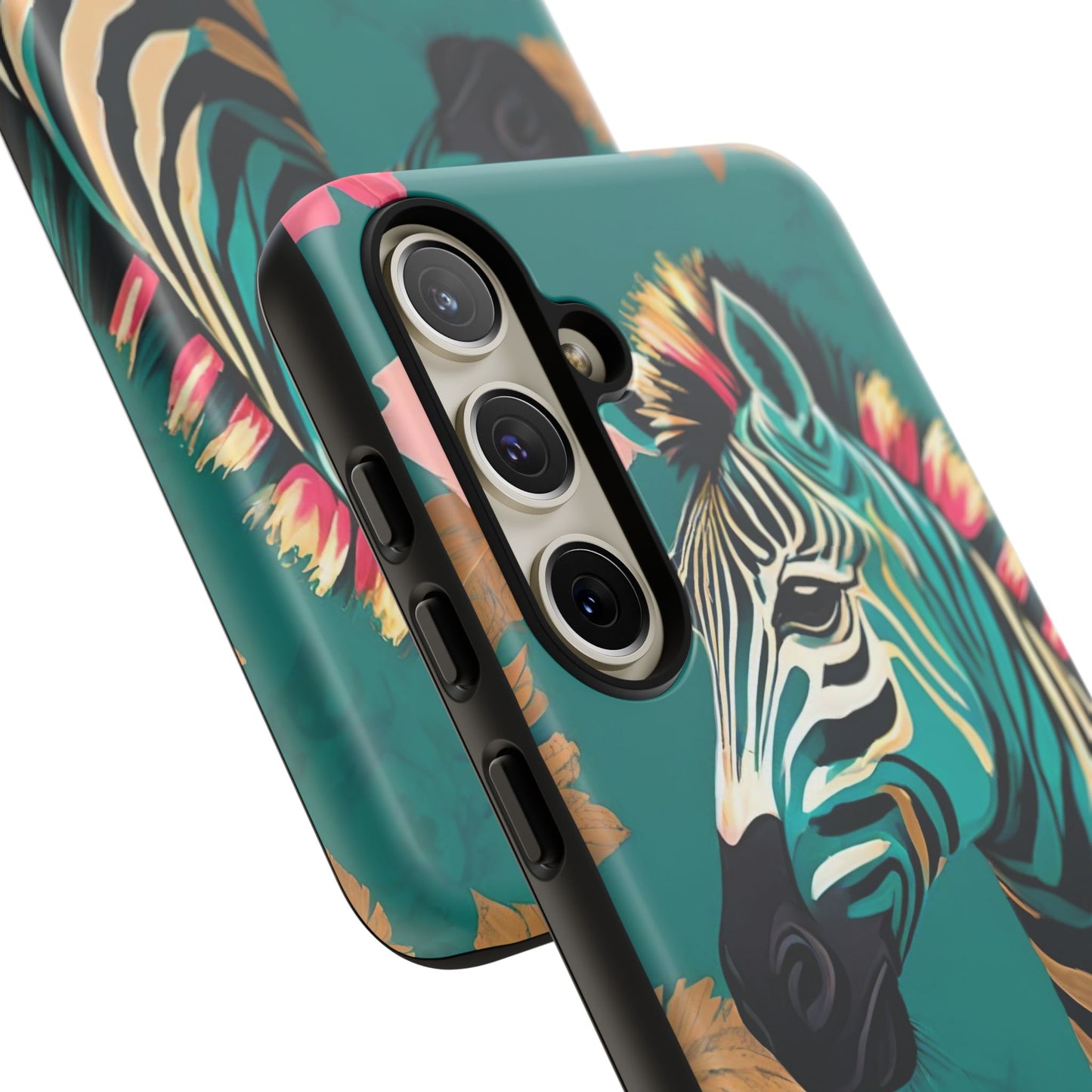 Phone Case - Elegant Teal & Gold Zebra & Roses Design