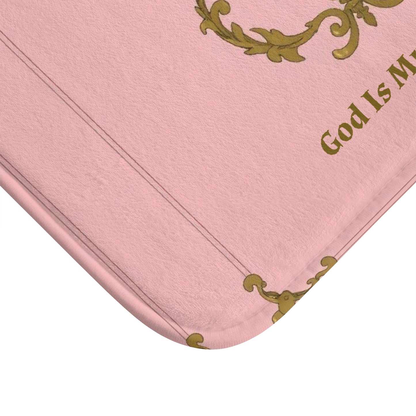 Crown & Crest Spiritual Quote Bath Mat, Inspirational Bathroom Decor, Faith-Based Gift, Motivational Home Accessory, Pink and Gold Mat