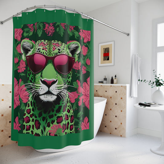 Elegant Vintage Floral Shower Curtain - Luxurious Home Décor for Classy Bathrooms - Lime Green & Burgundy Leopard In Sunglasses Design