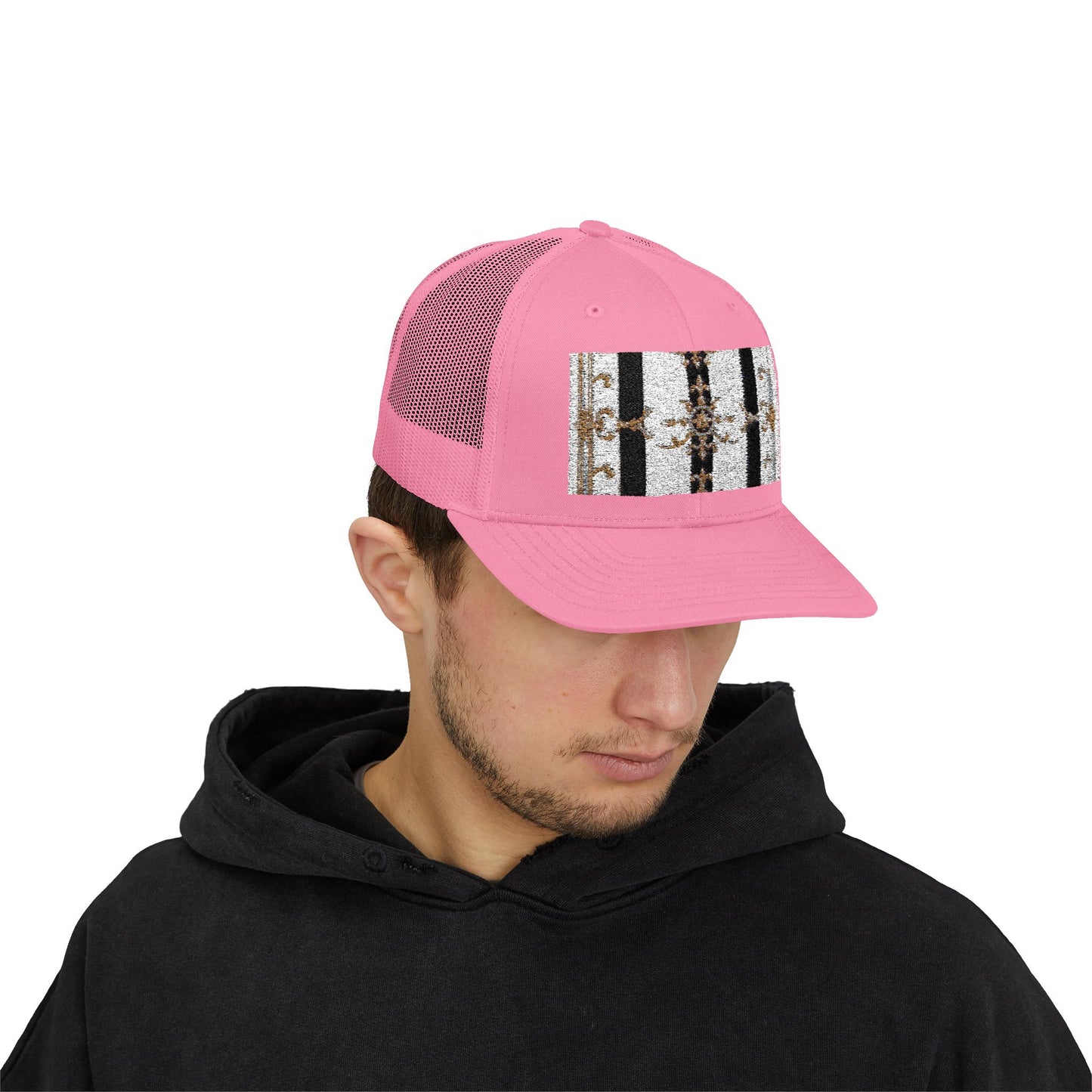 Trendy Snapback Trucker Cap, Casual Fashion Hat, Summer Accessory, Gift Idea for Cool Teens, Outdoor Activities - Black & White Striped Gold Baroque