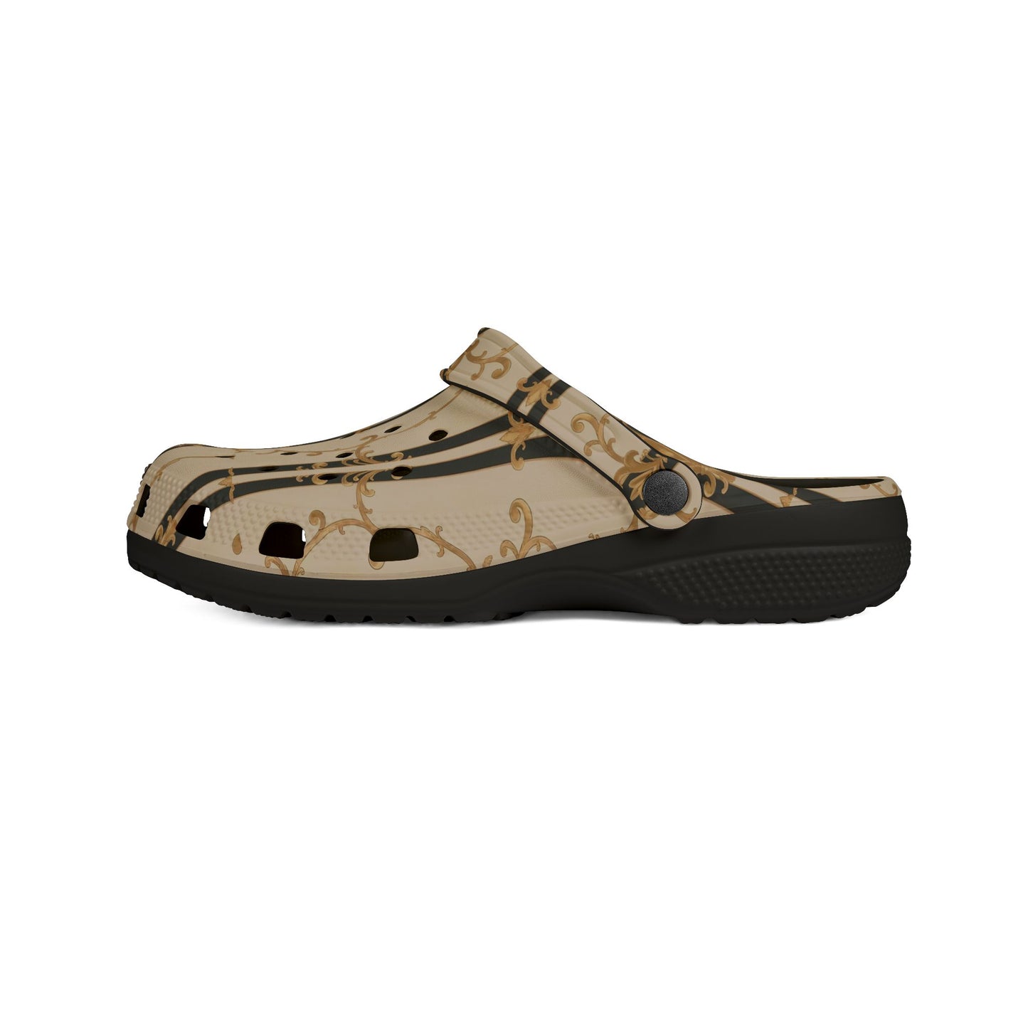 Stylish EVA Foam Clogs - Trendy Comfort for Home & Garden, Fashionable Slides, Casual Footwear - Black & Beige Striped Damask