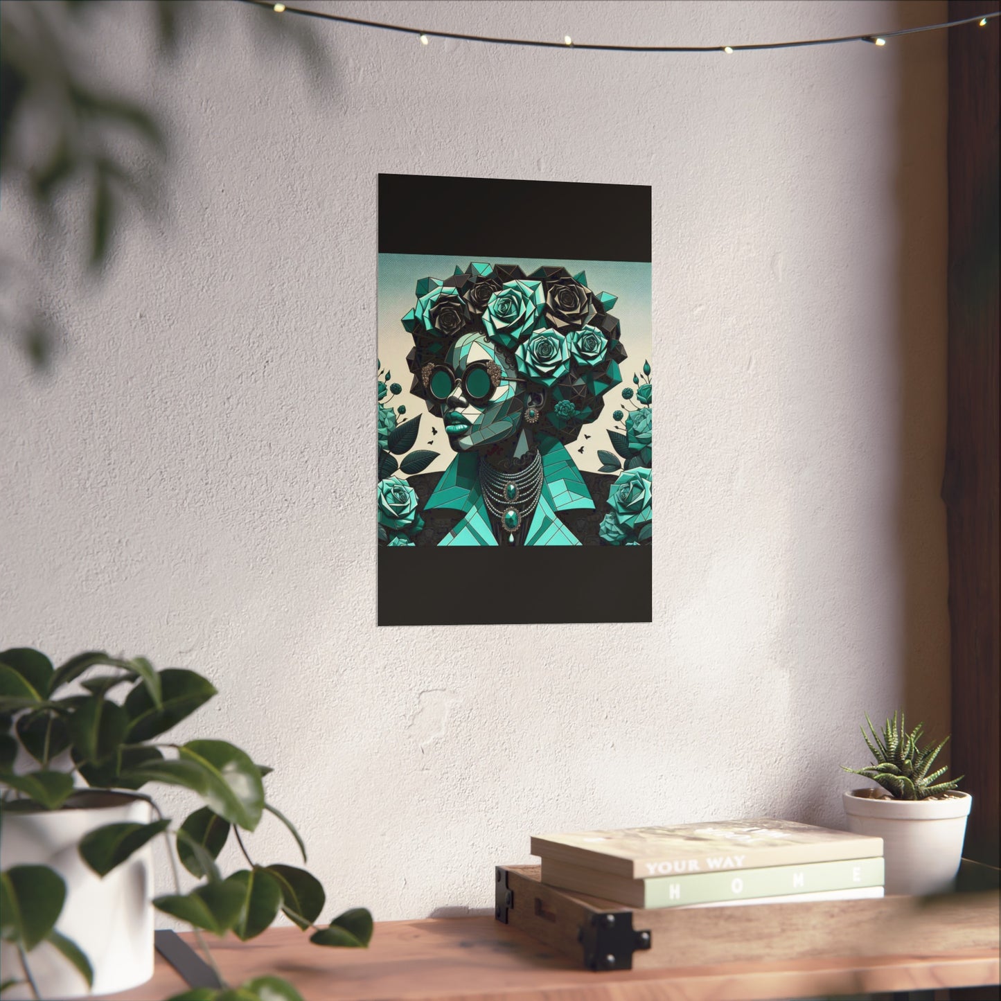 Chic Floral Fine Art Poster | Modern Wall Decor, Home Aesthetic, Gift for Art Lovers, Unique Room Makeover - Turquoise & Black Roses Lady