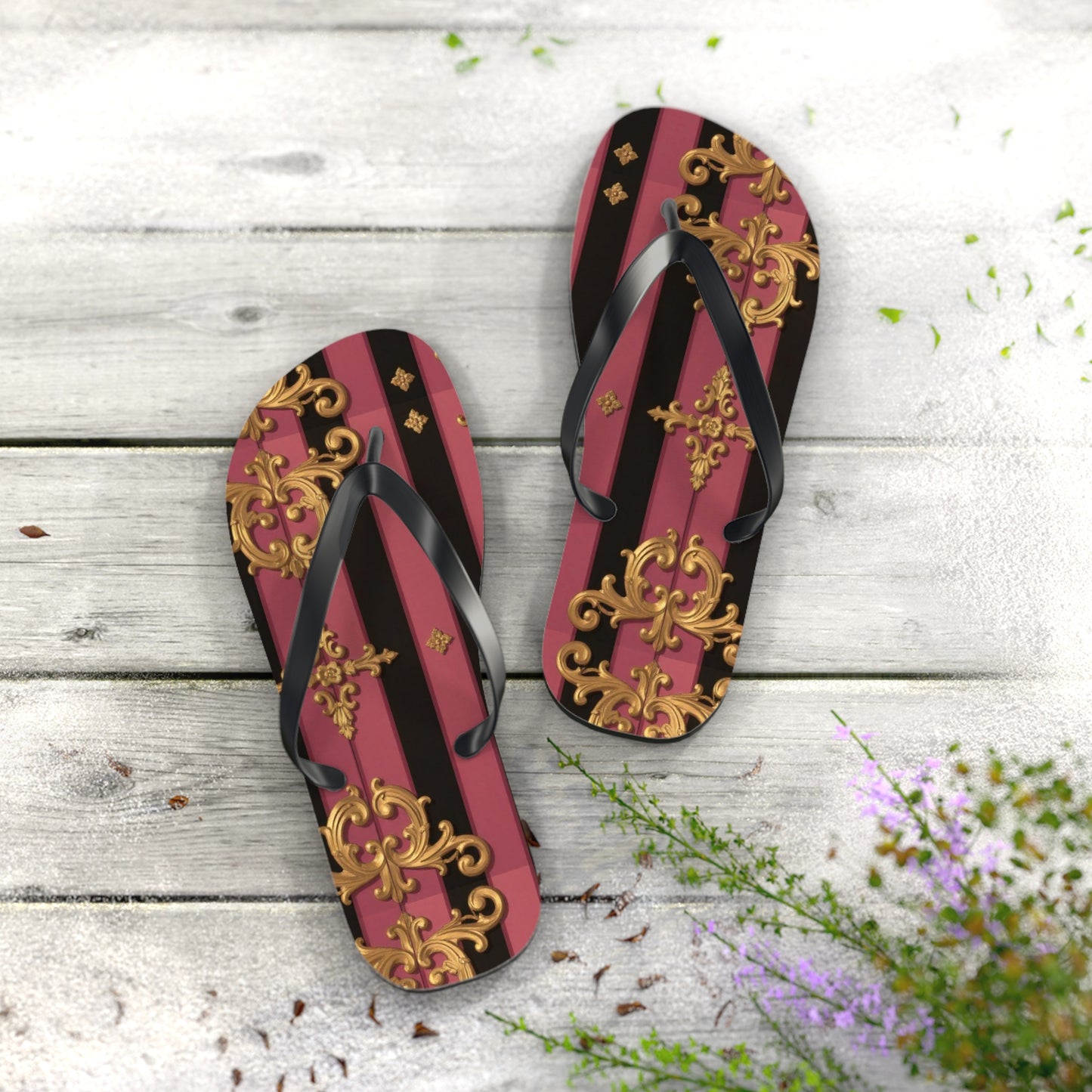 Elegant Black & Mauve Striped Gold Baroque Flip Flops, Chic Footwear for Summer, Pool Parties, Beach Days, Vacation Essentials