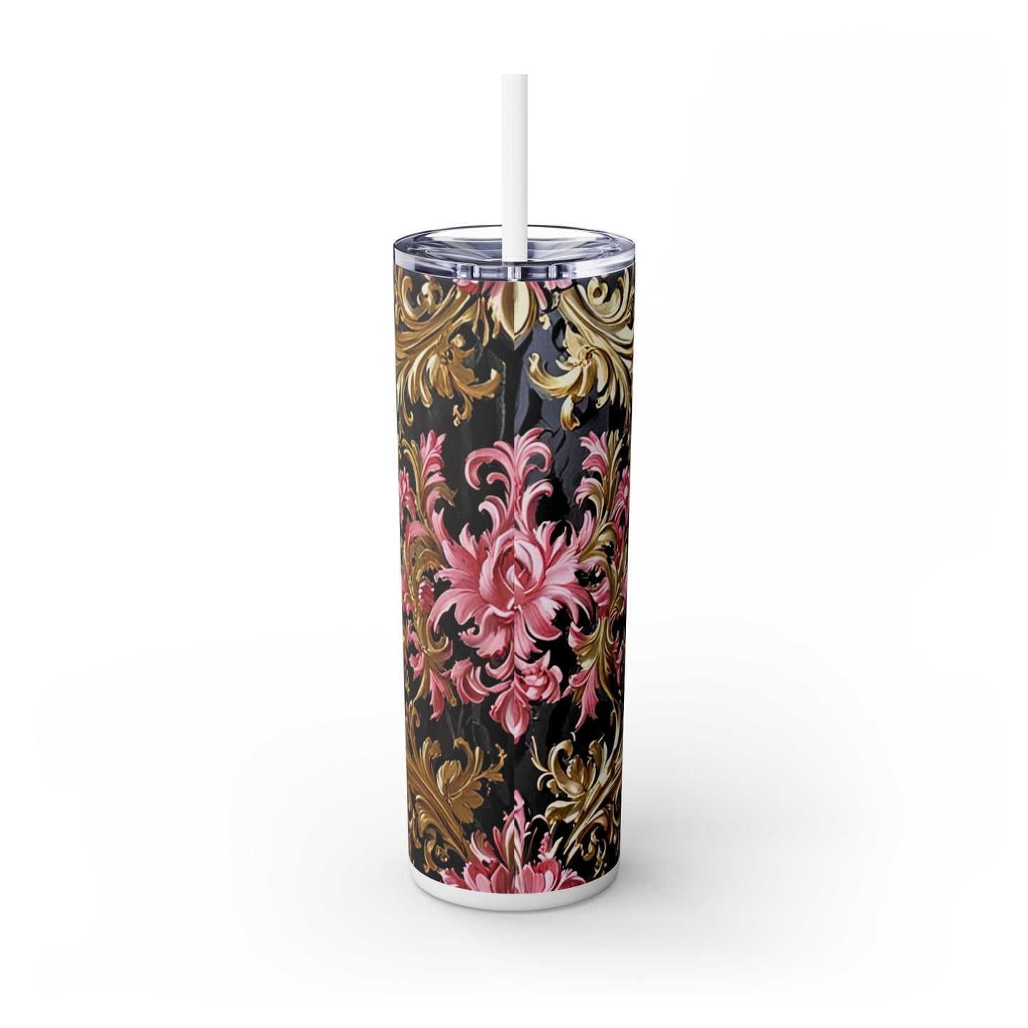Chic Floral Skinny Tumbler with Straw, 20oz - Elegant Drinkware for Tea Lovers, Travel Mugs, Gifts for Her - Black & Pink Oil Painting Style Rococo