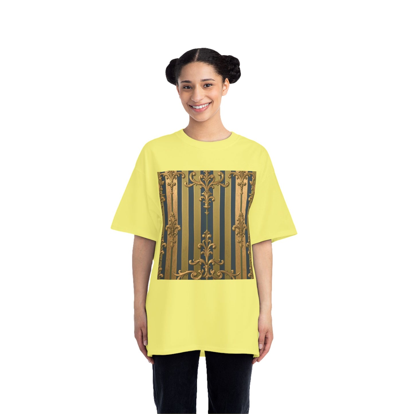 Elegant Midnight Blue & Olive Striped Gold Baroque Short-Sleeve Unisex T-Shirt, Vintage Fashion Tee, Casual Summer Top