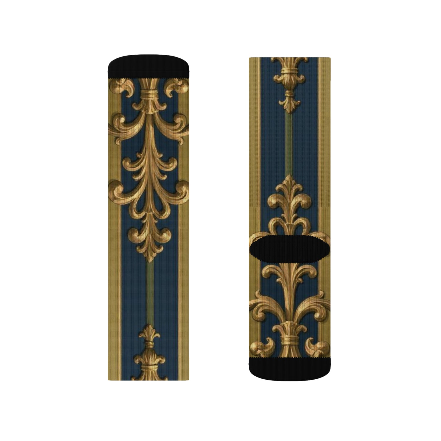 Elegant Midnight Blue & Olive Striped Gold Baroque Sublimation Socks, Stylish Patterned Socks, Trendy Gift Socks, Fashion Accessories