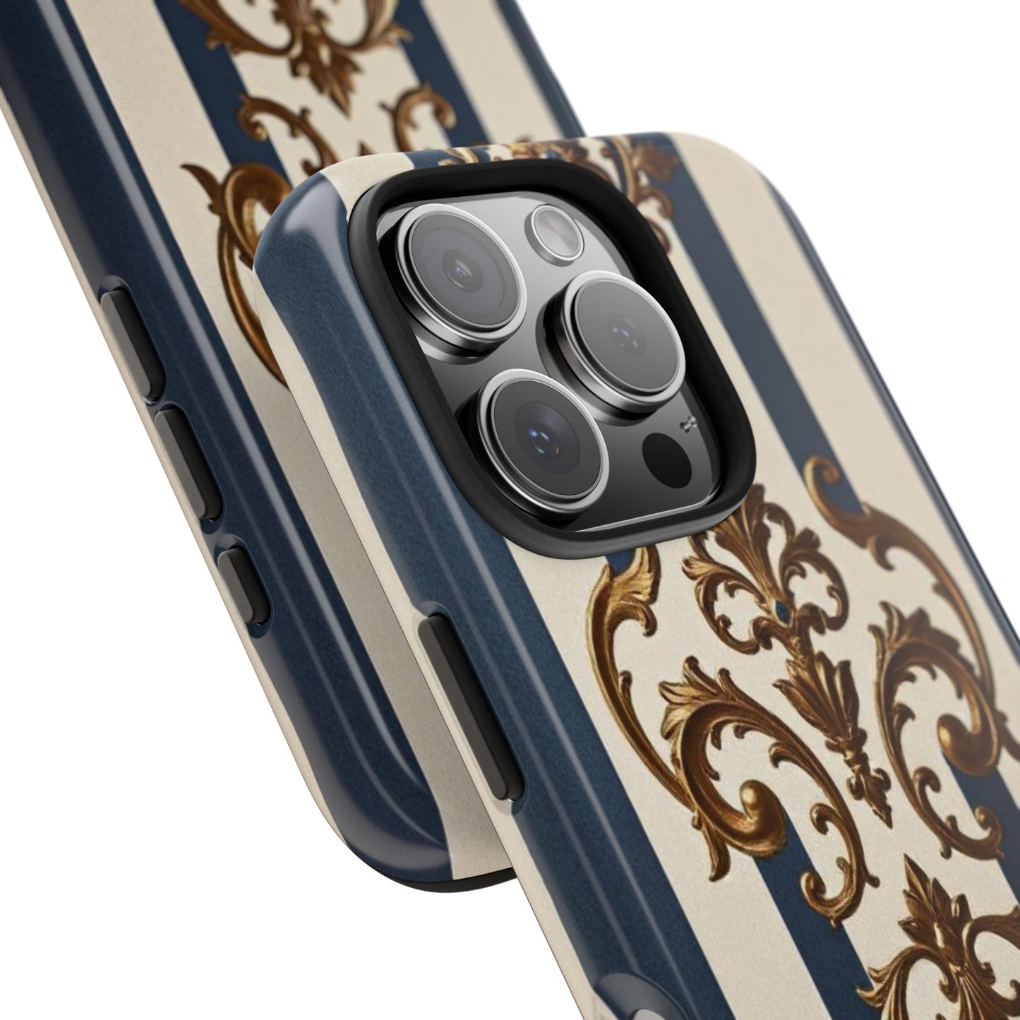Damask Tough Phone Case - Alabaster & Blue Striped Damask