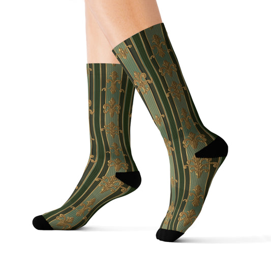 Stylish Floral Sublimation Socks | Unique Gift for Fashion Lovers, Comfortable Daily Wear - Green Striped Gold Baroque