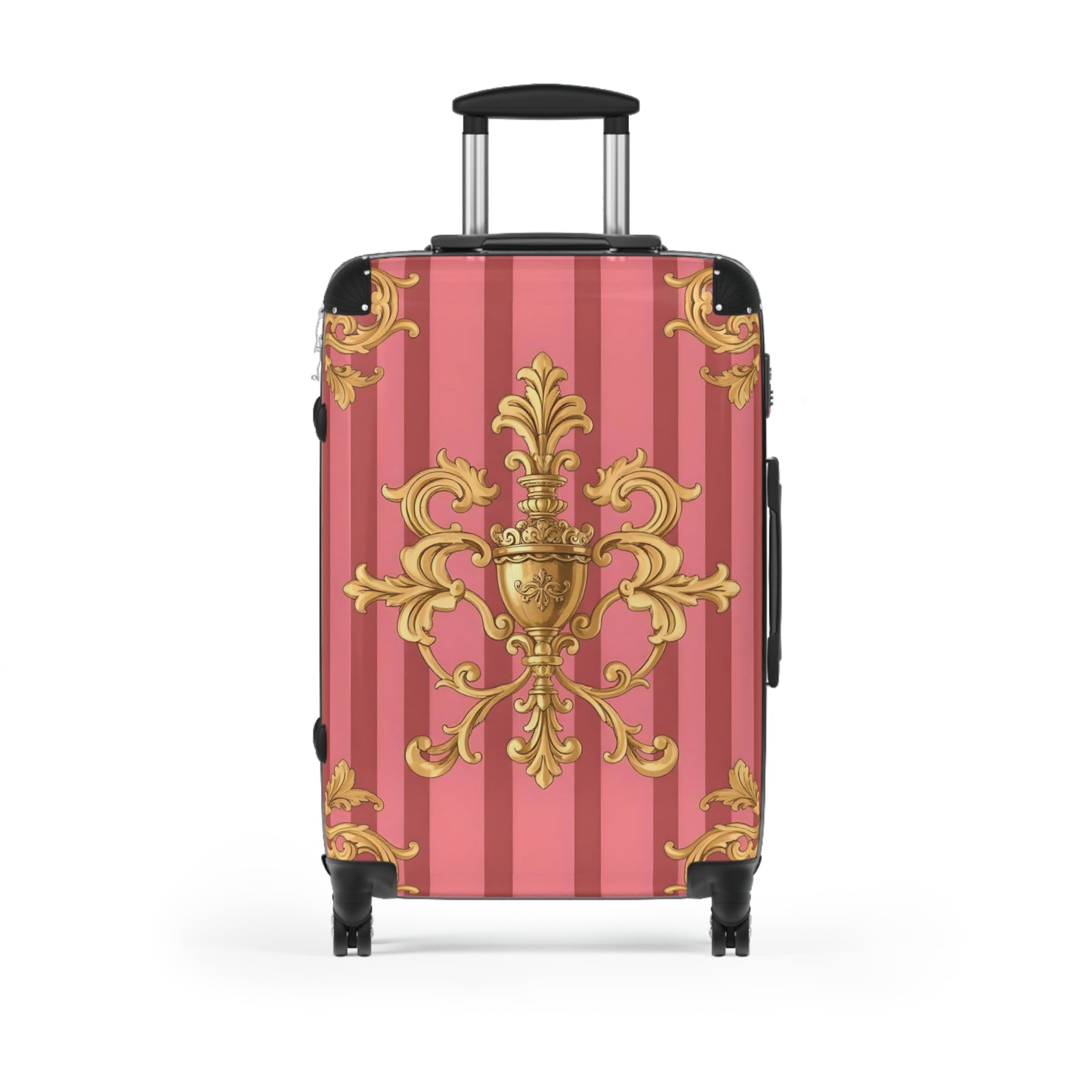 Elegant Pink Ornate Suitcase, Stylish Travel Luggage, Chic Carry-On, Unique Gift for Travelers - Pink Striped Gold Baroque