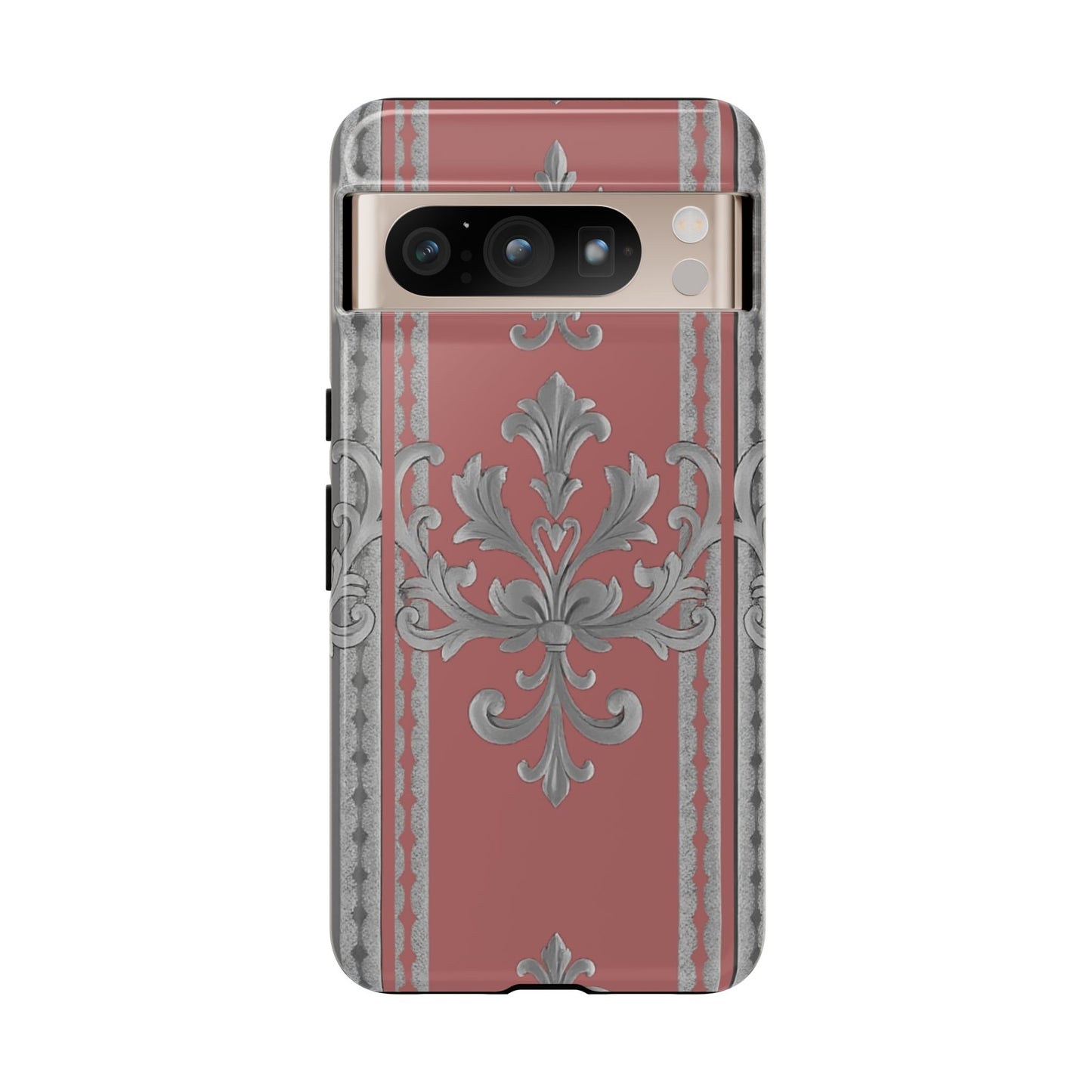 Elegant Floral Phone Case - Tough Cases for Stylish Protection - Gray & Mauve Striped Baroque
