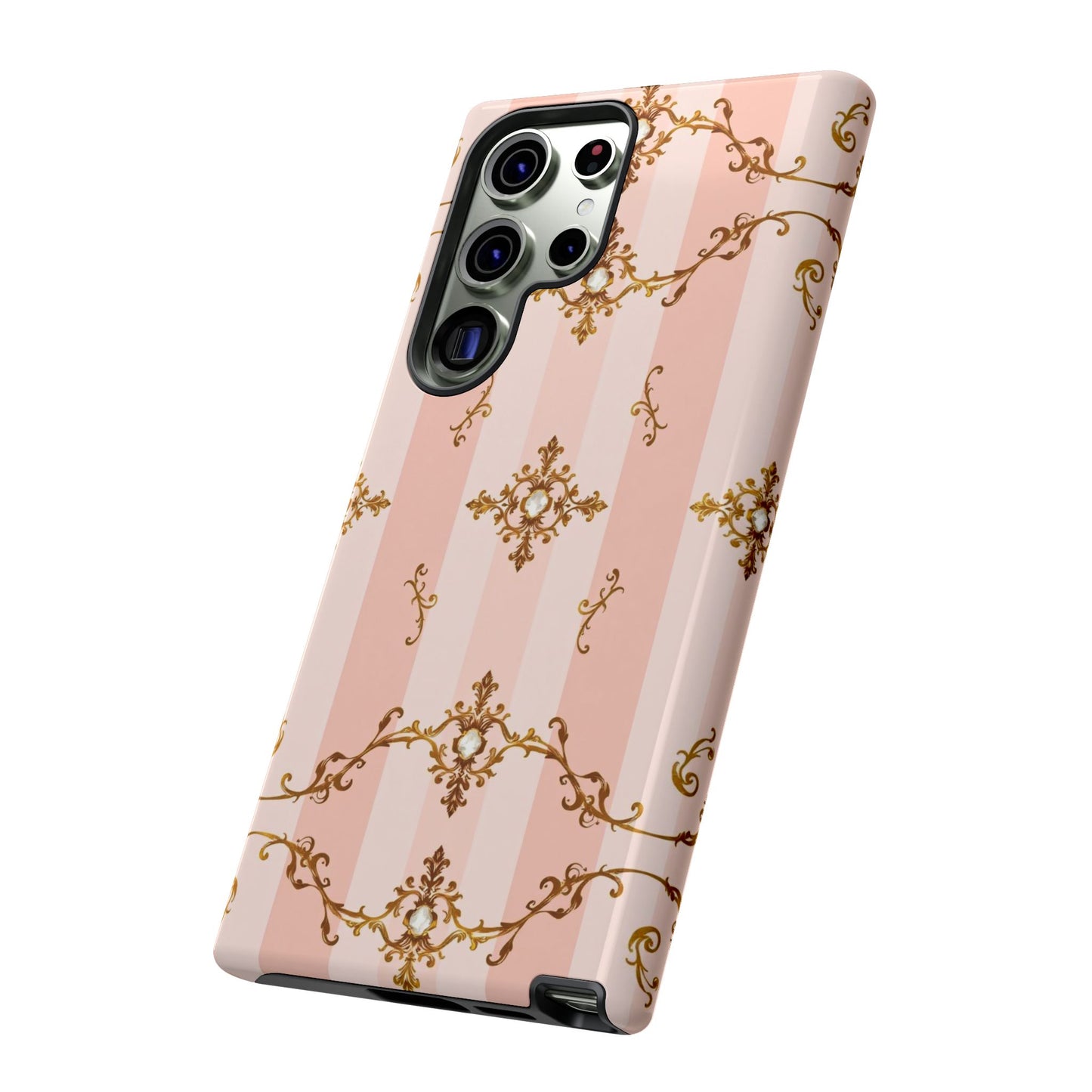 Elegant Floral Phone Case, Tough Cases for Women, Trendy Phone Cover, Chic Gift - Pink Jeweled Striped Gold Baroque