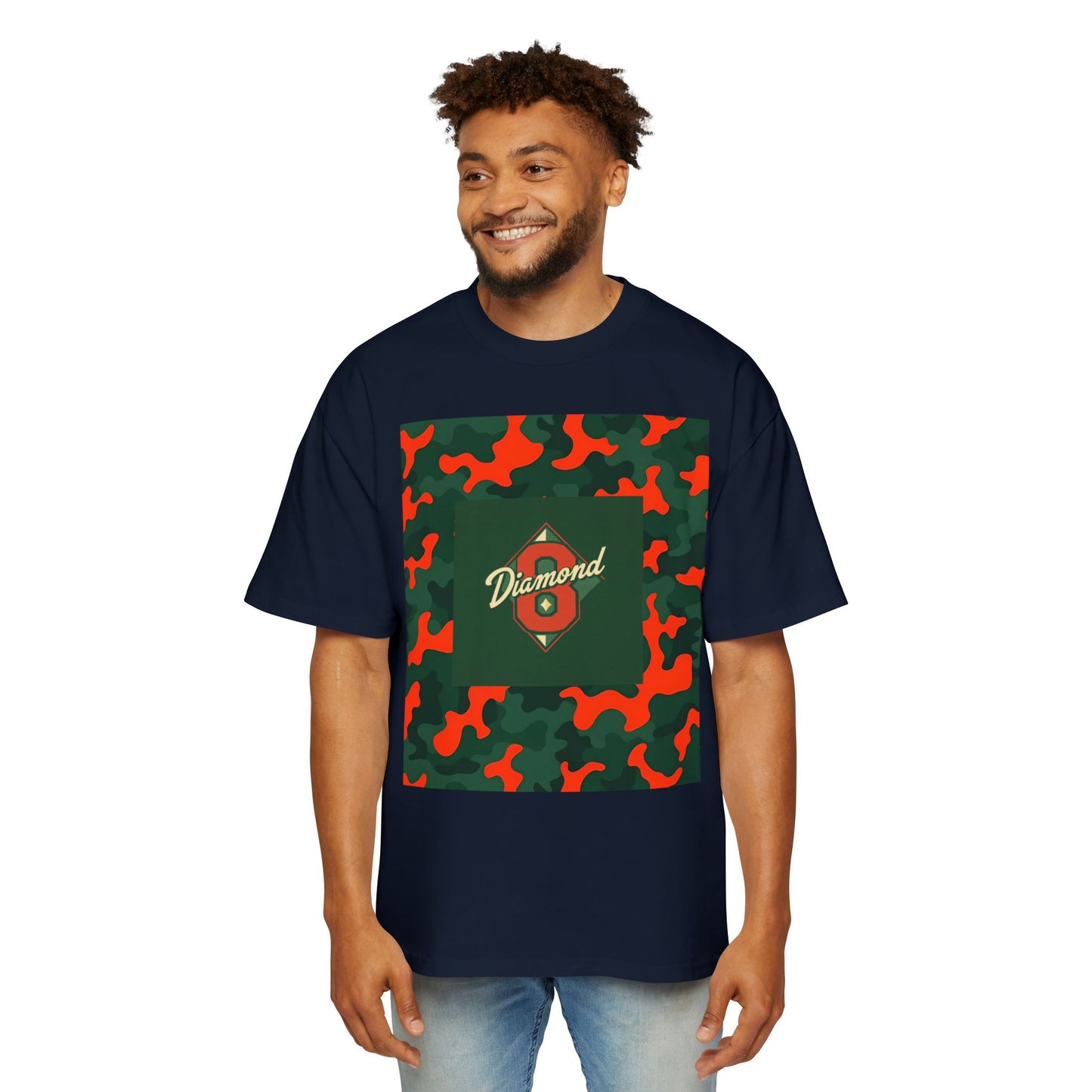 Men's Heavy Oversized Camouflage Tee, Casual Streetwear Shirt, Graphic T-Shirt, Comfortable Everyday Wear, Gift for Him - Green & Orange Camo Diamond 8