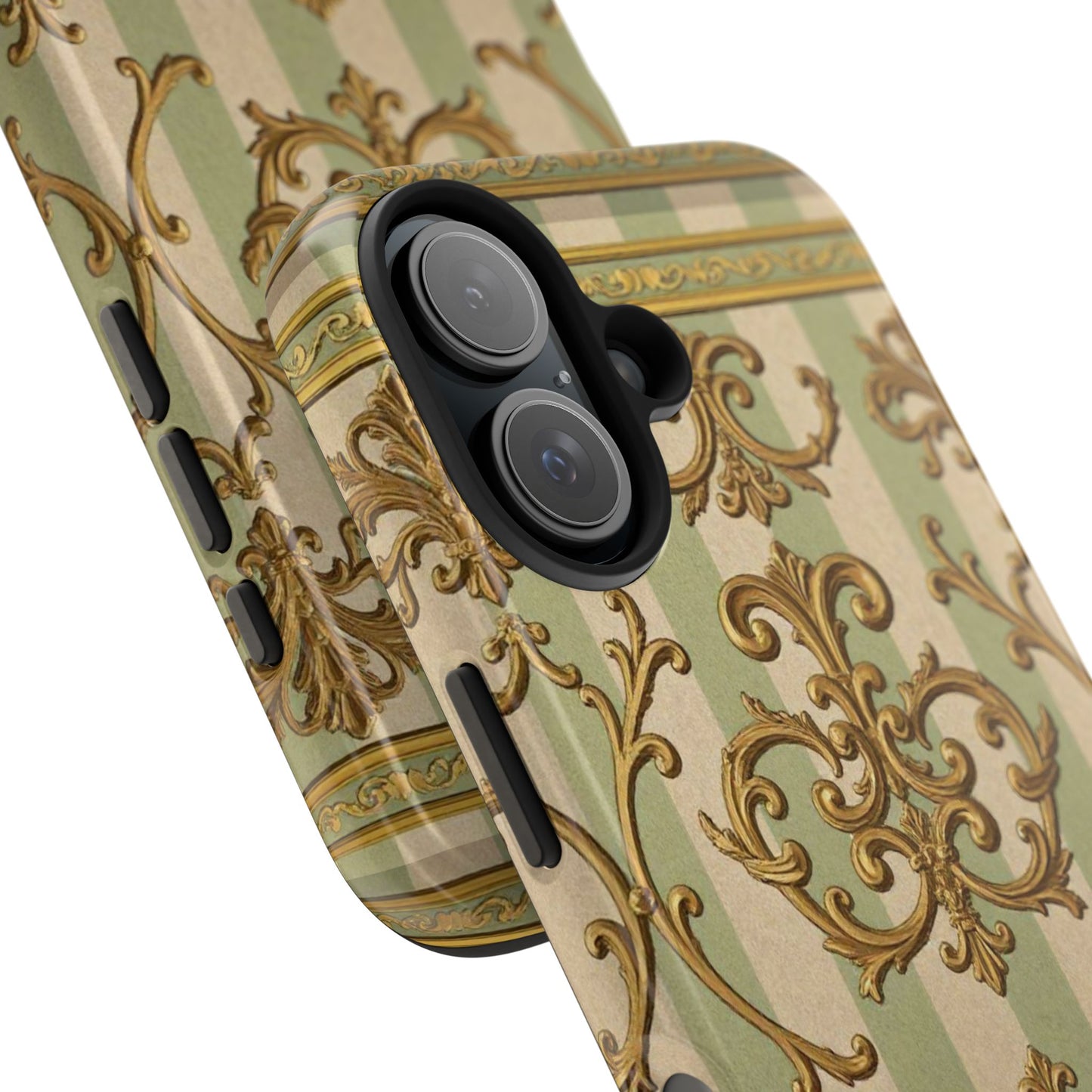Vintage Elegance Phone Case, Tough Phone Cases for Style, Gift for Birthdays, Stylish Protection - Mint Green & Beige Striped Gold Baroque