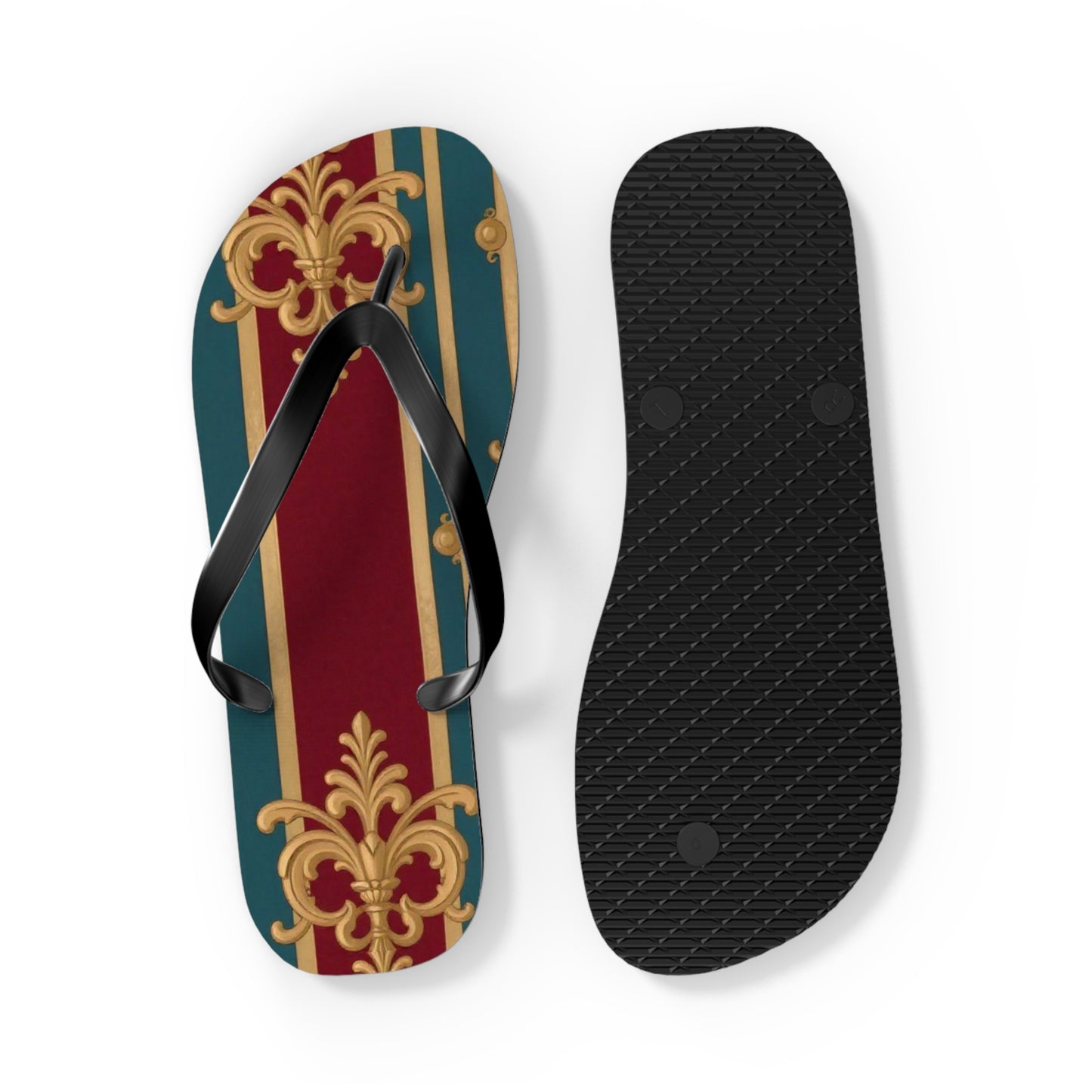 Elegant Floral Pattern Flip Flops, Stylish Beach Footwear, Summer Accessories, Vacation Sandals - Burgundy Striped Gold Baroque