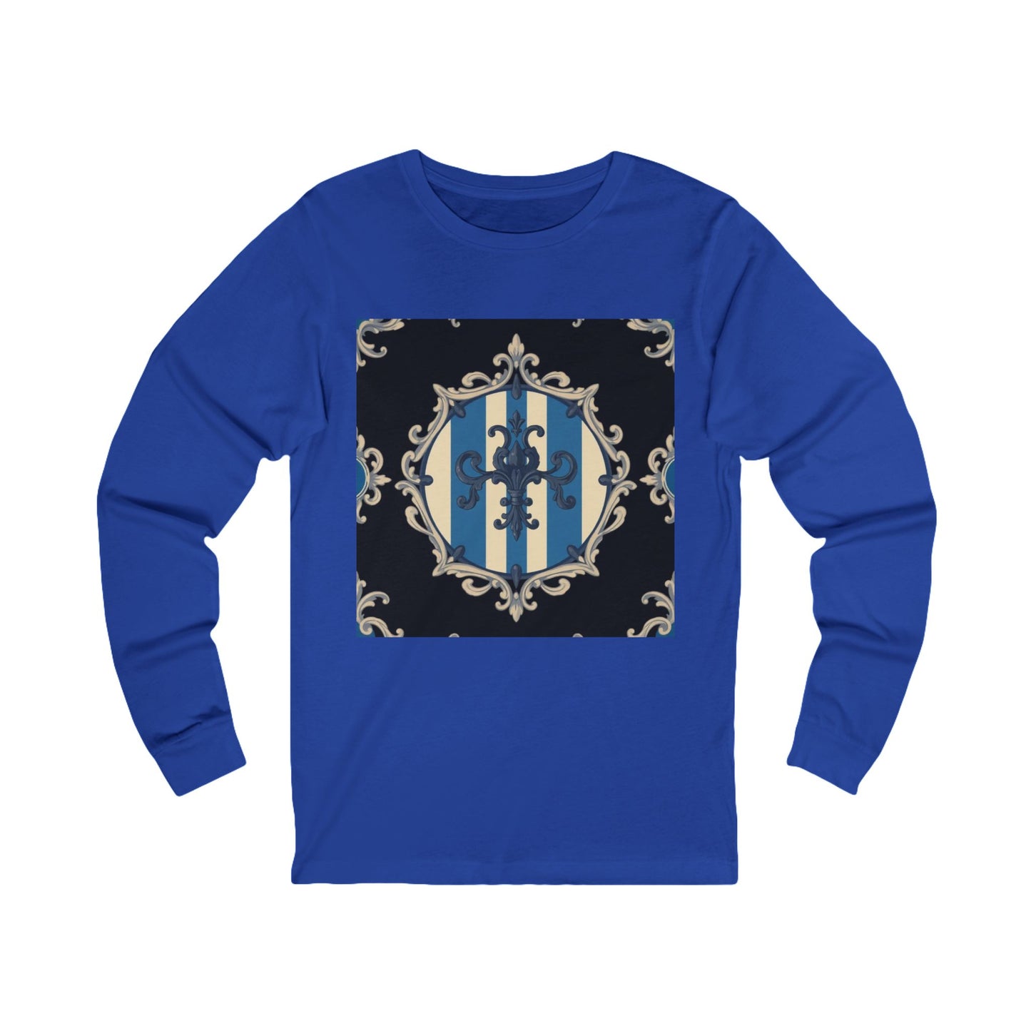 Elegant Blue & Alabaster Striped Baroque Long Sleeve Tee | Unisex Stylish Top for Casual Wear, Gift for Her, Him, Birthday, Fashion Statement