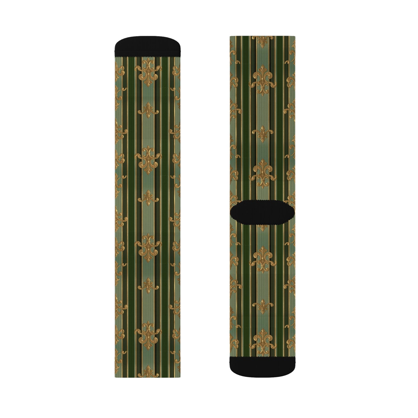 Stylish Floral Sublimation Socks | Unique Gift for Fashion Lovers, Comfortable Daily Wear - Green Striped Gold Baroque